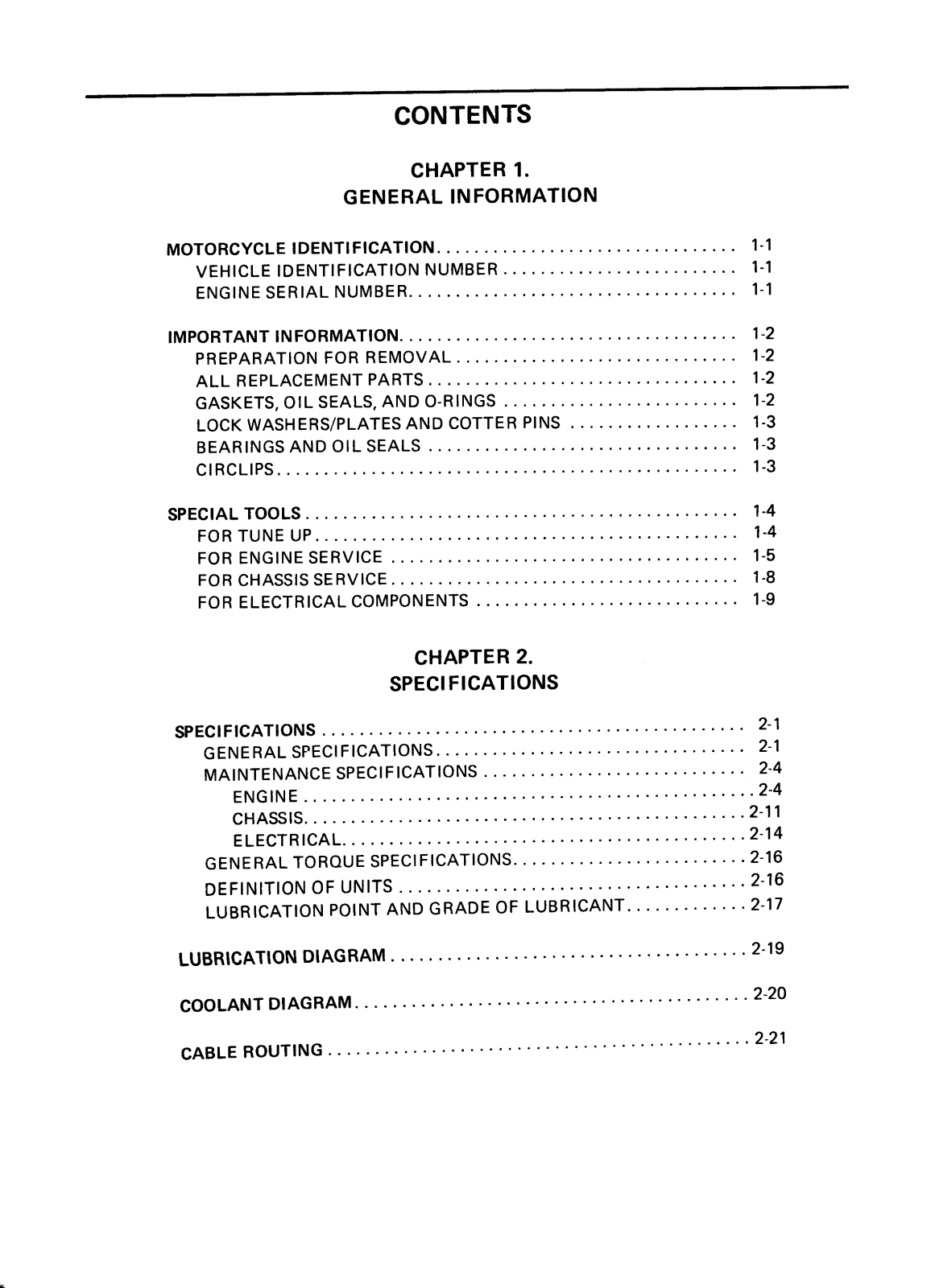 Yamaha FZR400 Service Manual Contents