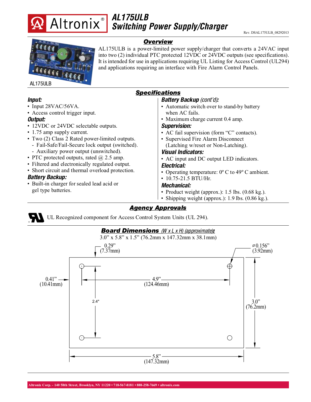 Altronix AL175ULB Specsheet