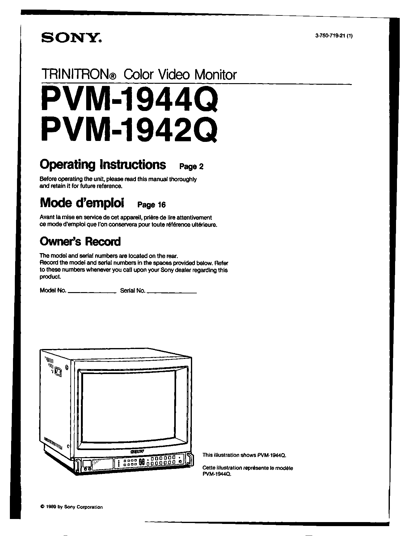 Sony PVM-1944Q User Manual