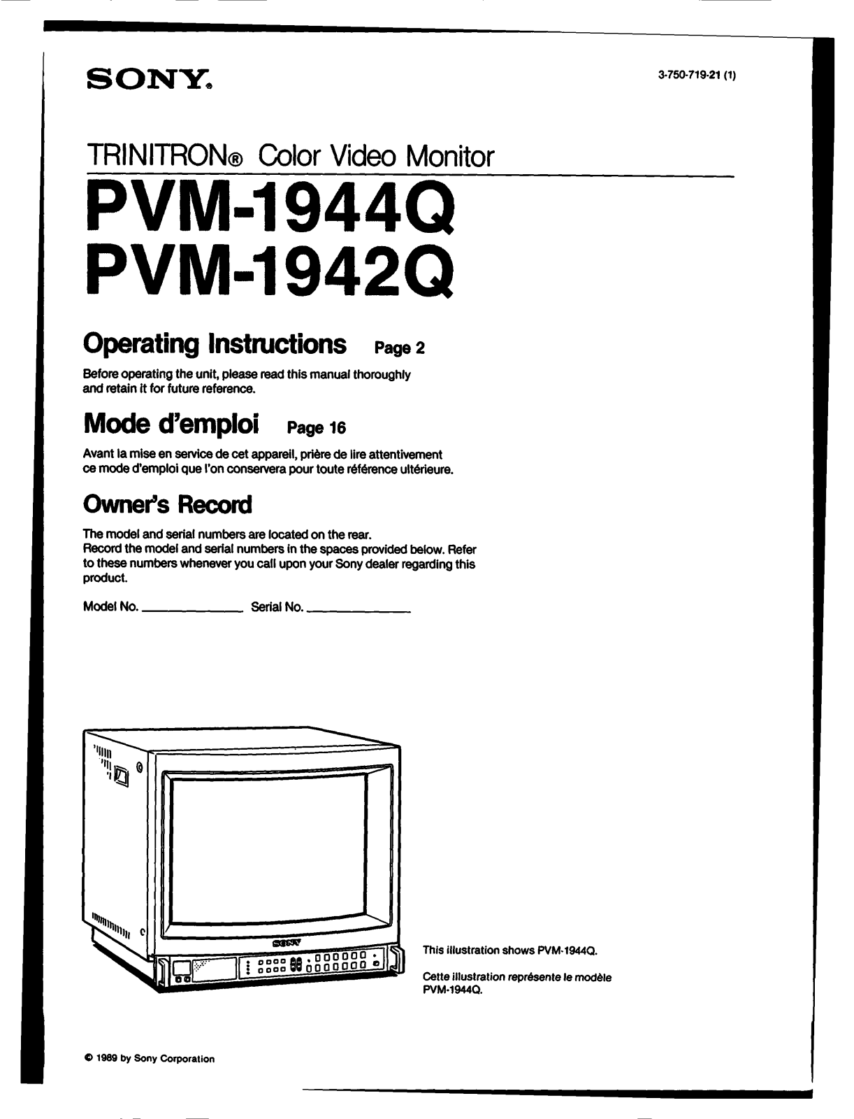 Sony PVM-1944Q User Manual