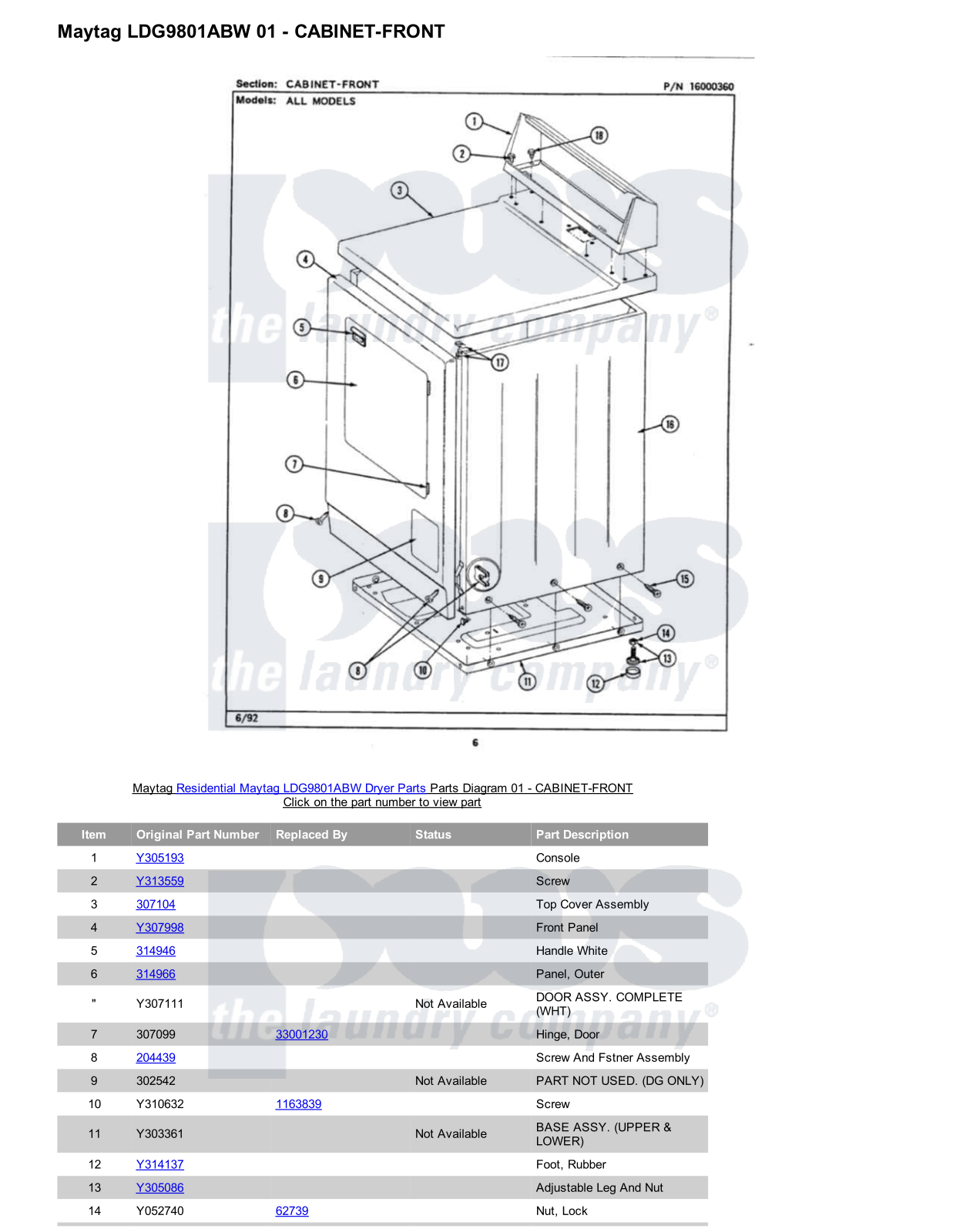 Maytag LDG9801ABW Parts Diagram