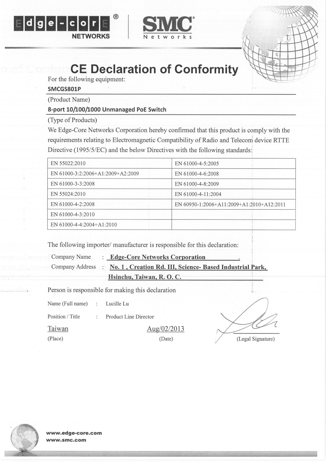 SMC Networks SMCGS801P Certification