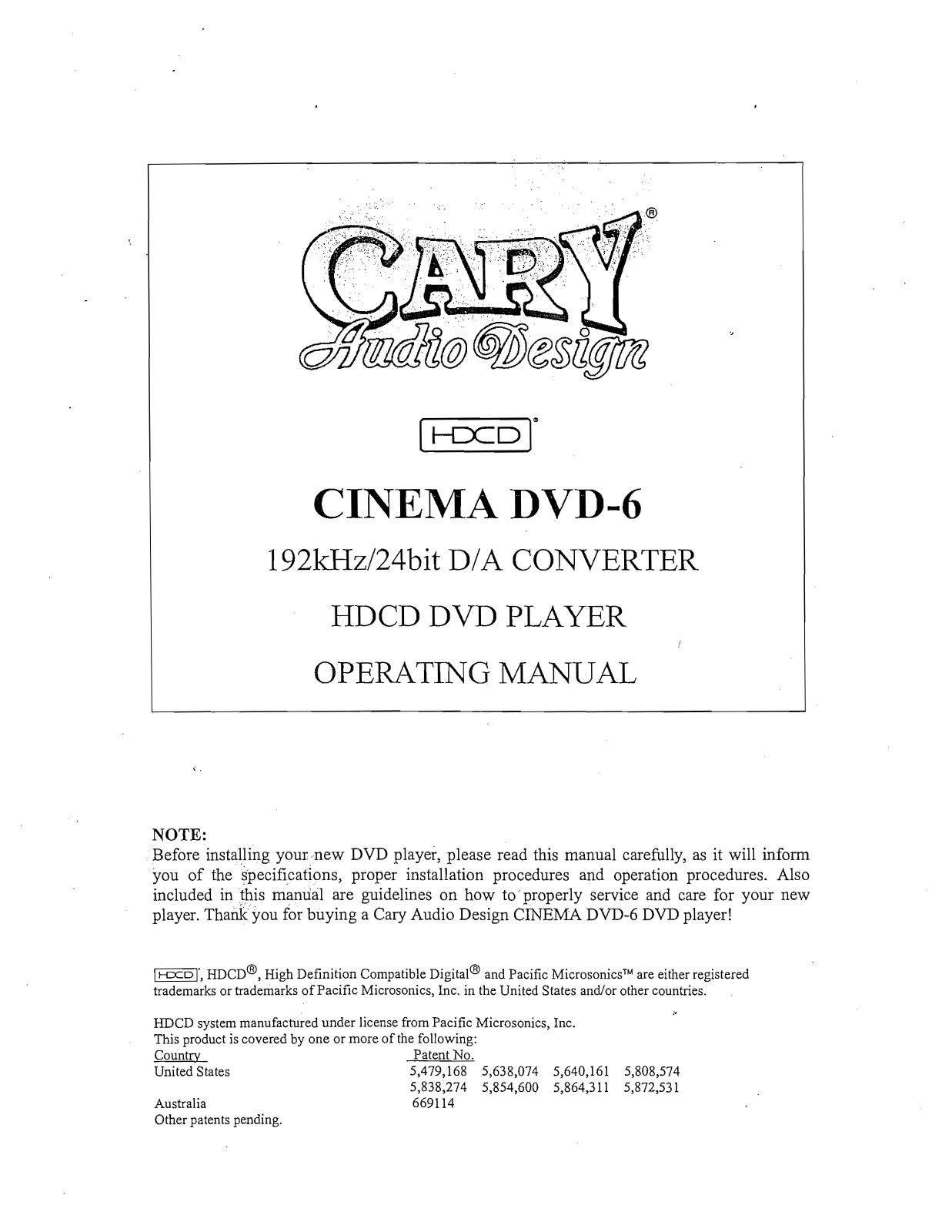 Cary Audio Cinema DVD6 Owner's Manual