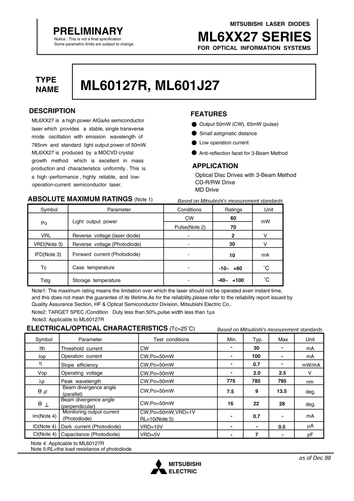 Mitsubishi ML601J27, ML60127R Datasheet