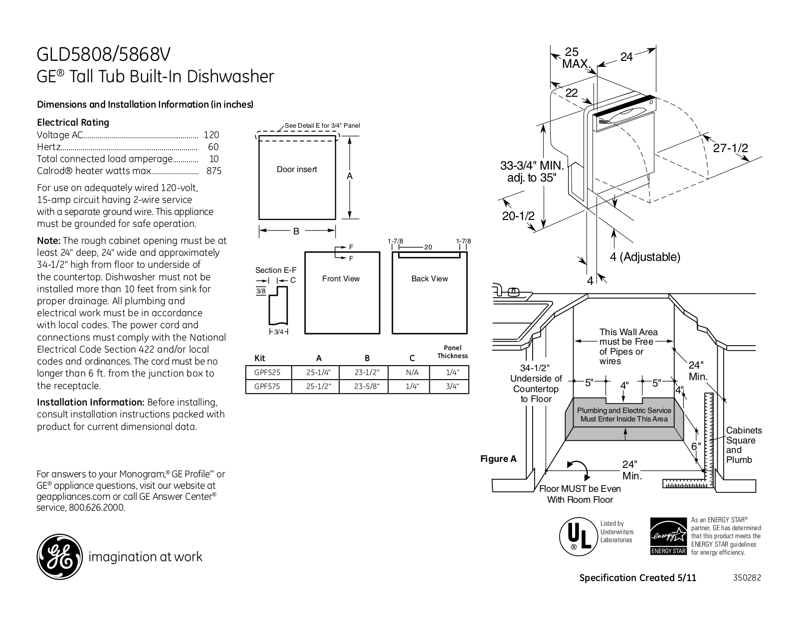 GE GLD5808V, GLD5868V Specification