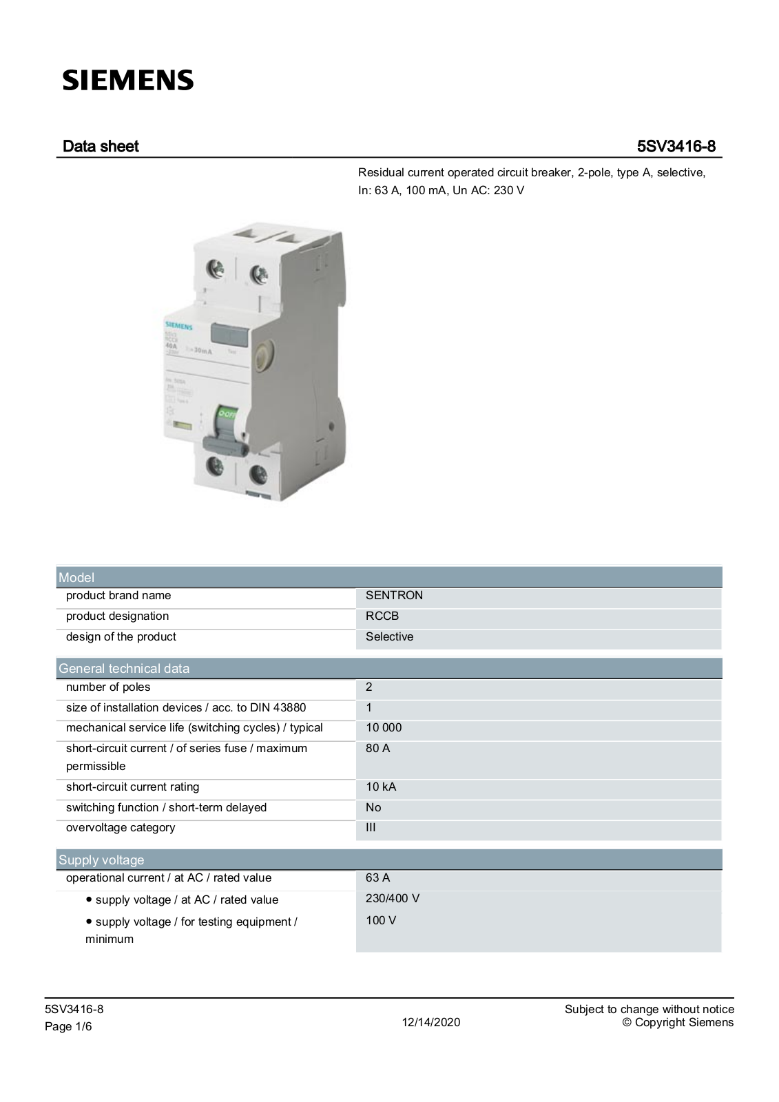 Siemens 5SV3416-8 data sheet