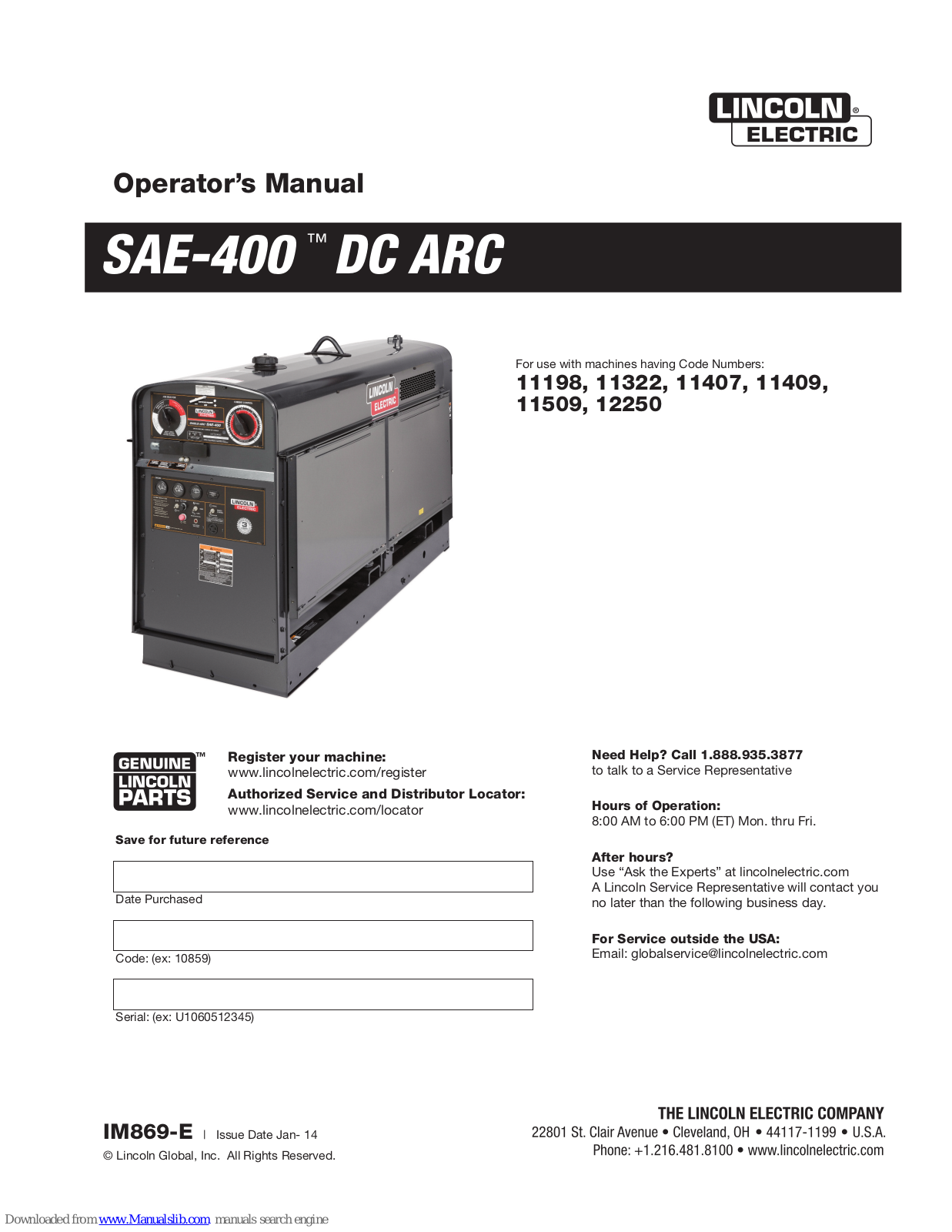 Lincoln Electric 11198, 11322, 11407, 1159, 12250 Operator's Manual
