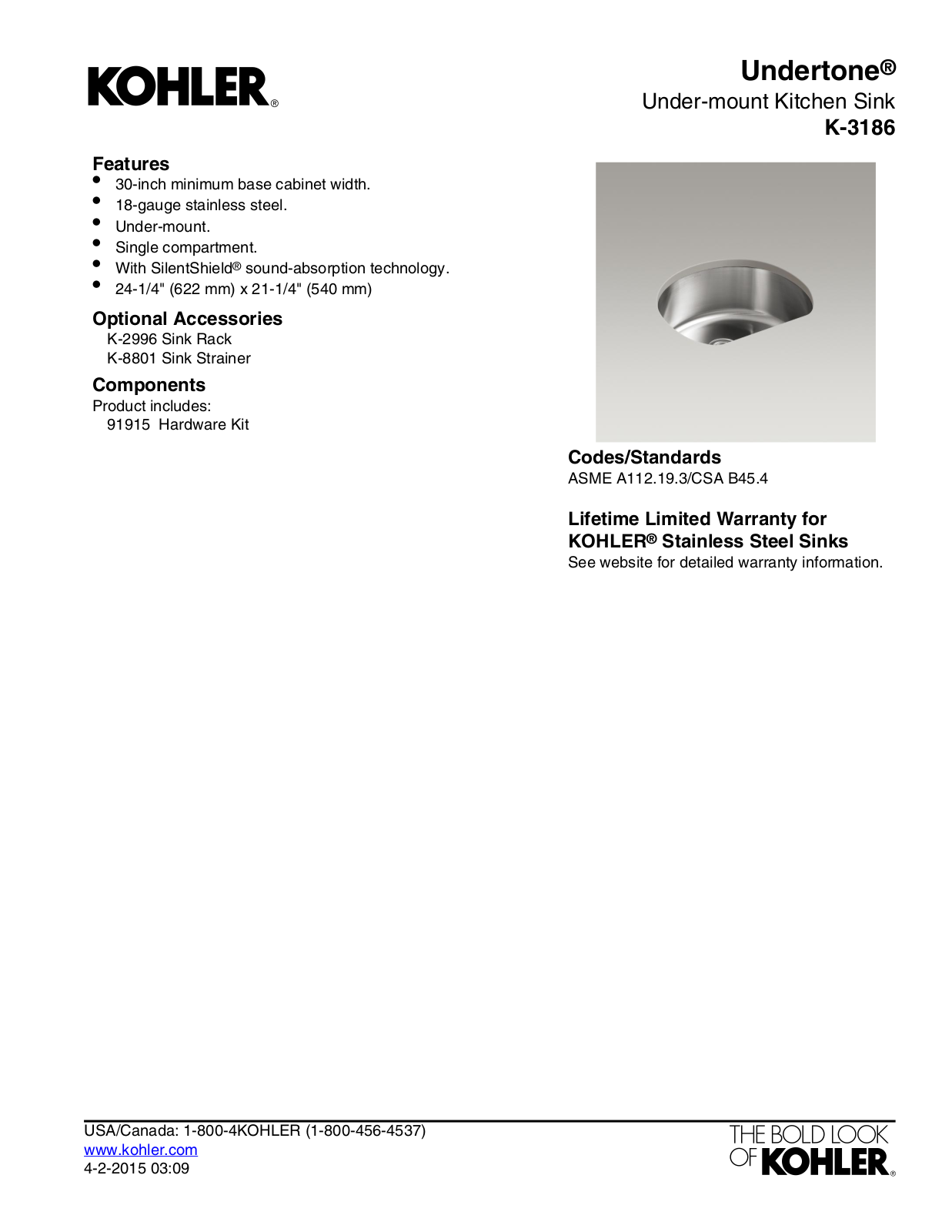 Kohler KOH13740 Specifications - ManualMachine.com