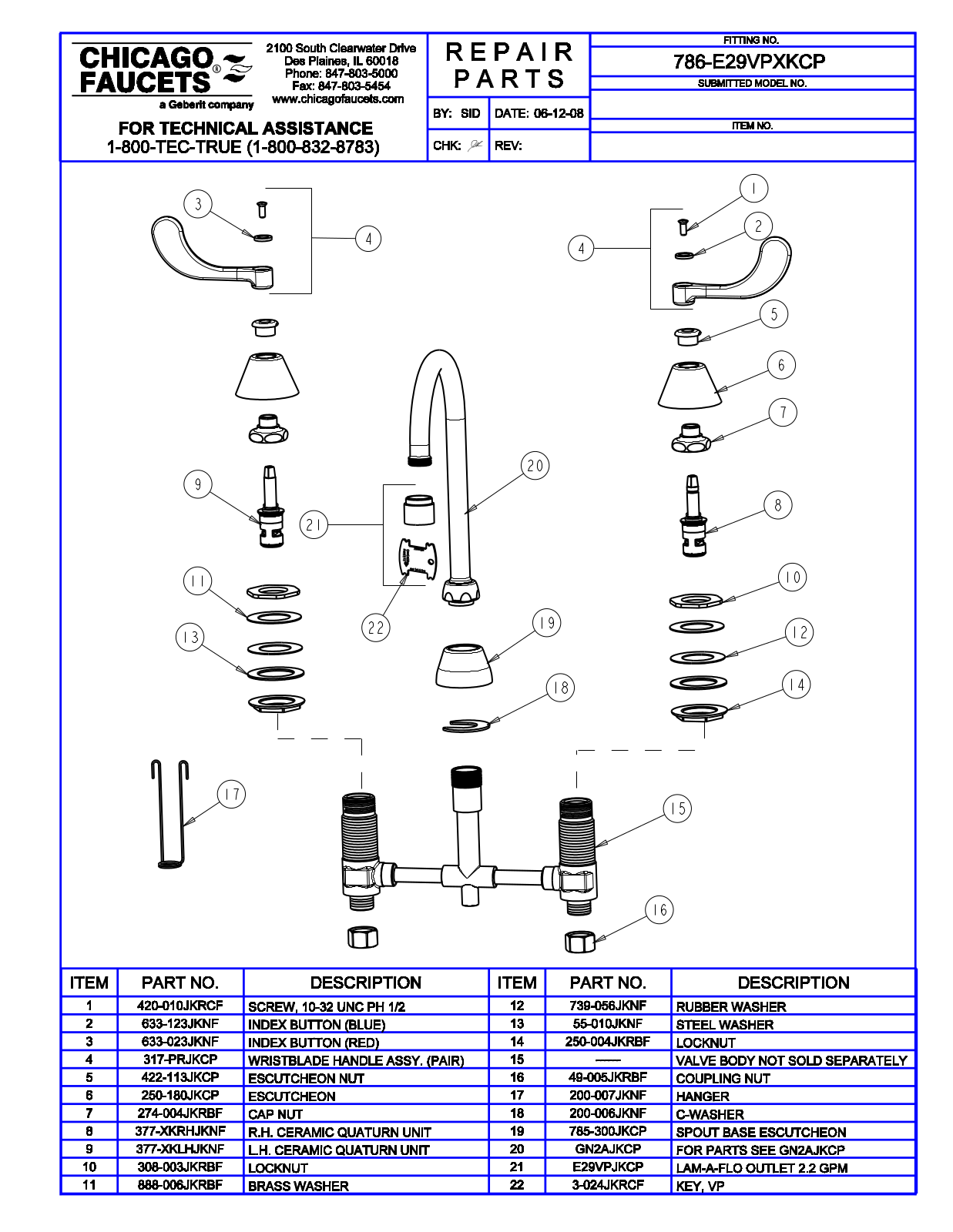 Chicago Faucet 786-E29VPXK Parts List