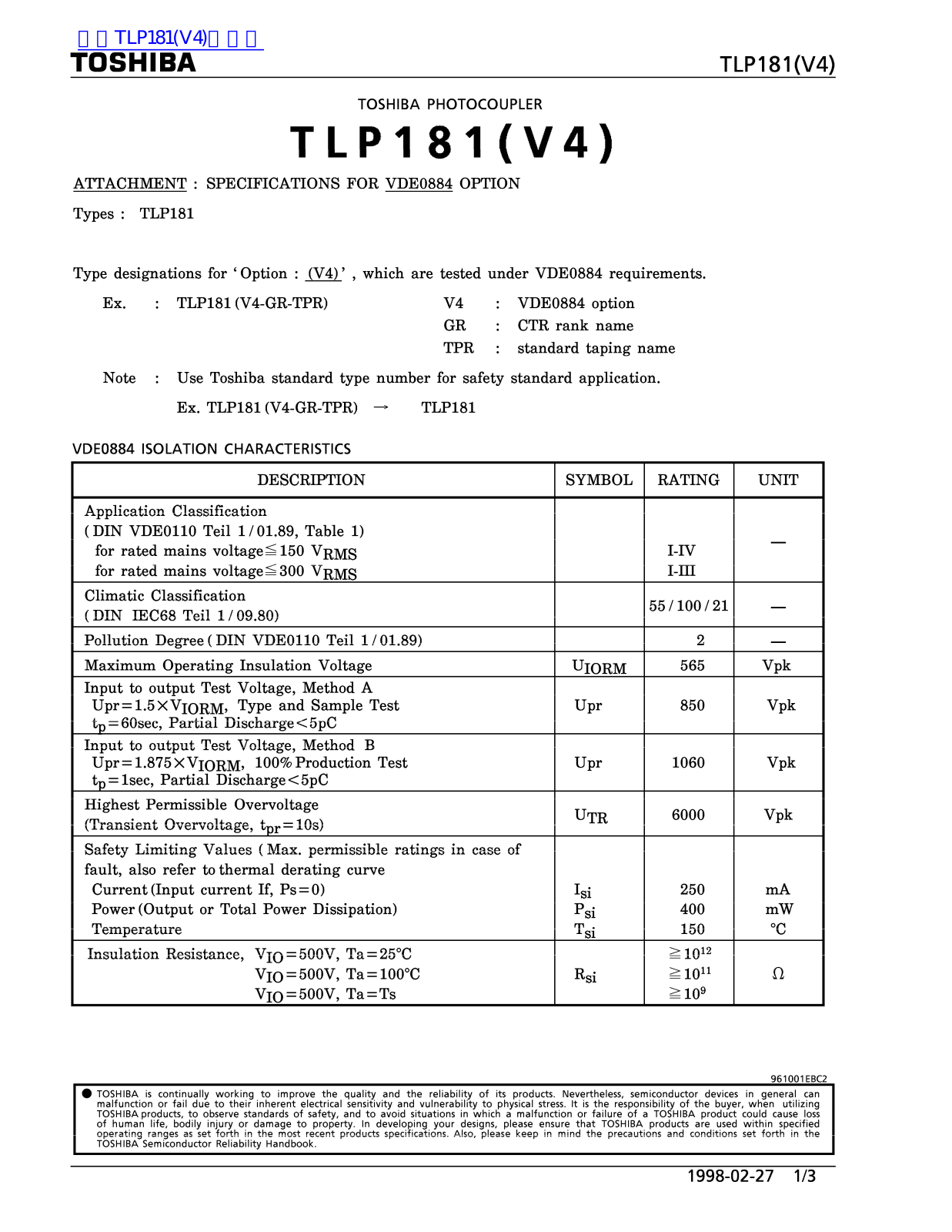 TOSHIBA TLP181V4 Technical data