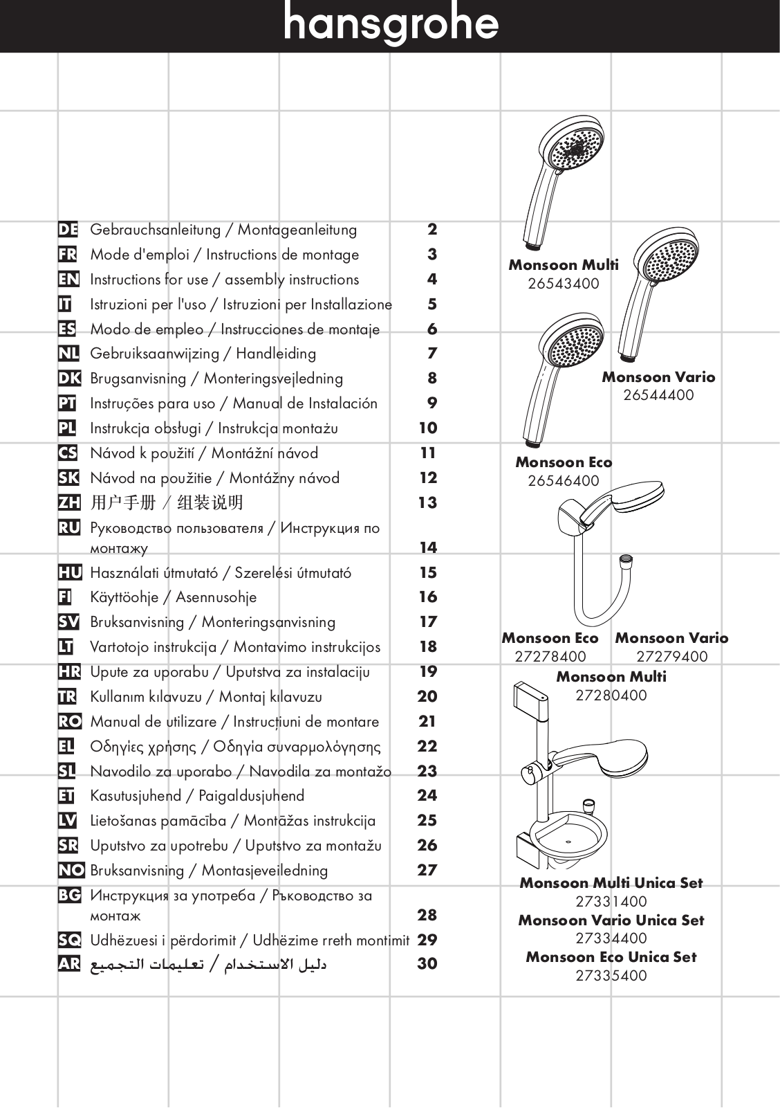 Hansgrohe 26543400, 26544400, 26546400, 27278400, 27279400 Instructions For Use/assembly Instructions