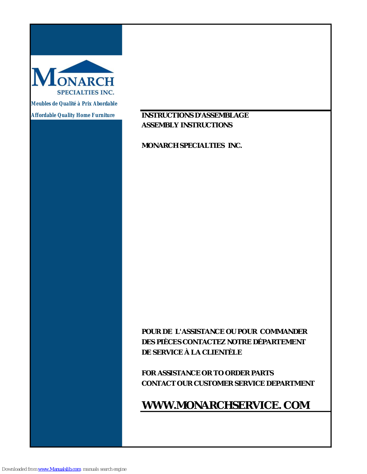 Monarch Specialties I 2350 Assembly Instructions Manual