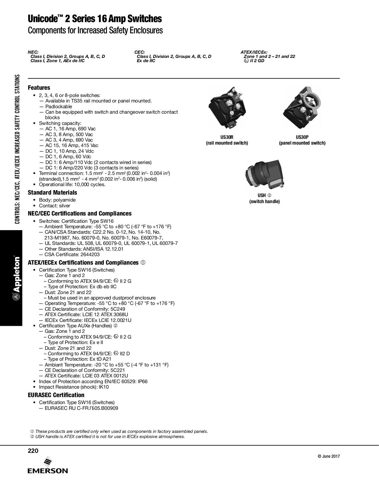 Appleton Unicode™ 2 Series 16 Amp Switches Catalog Page