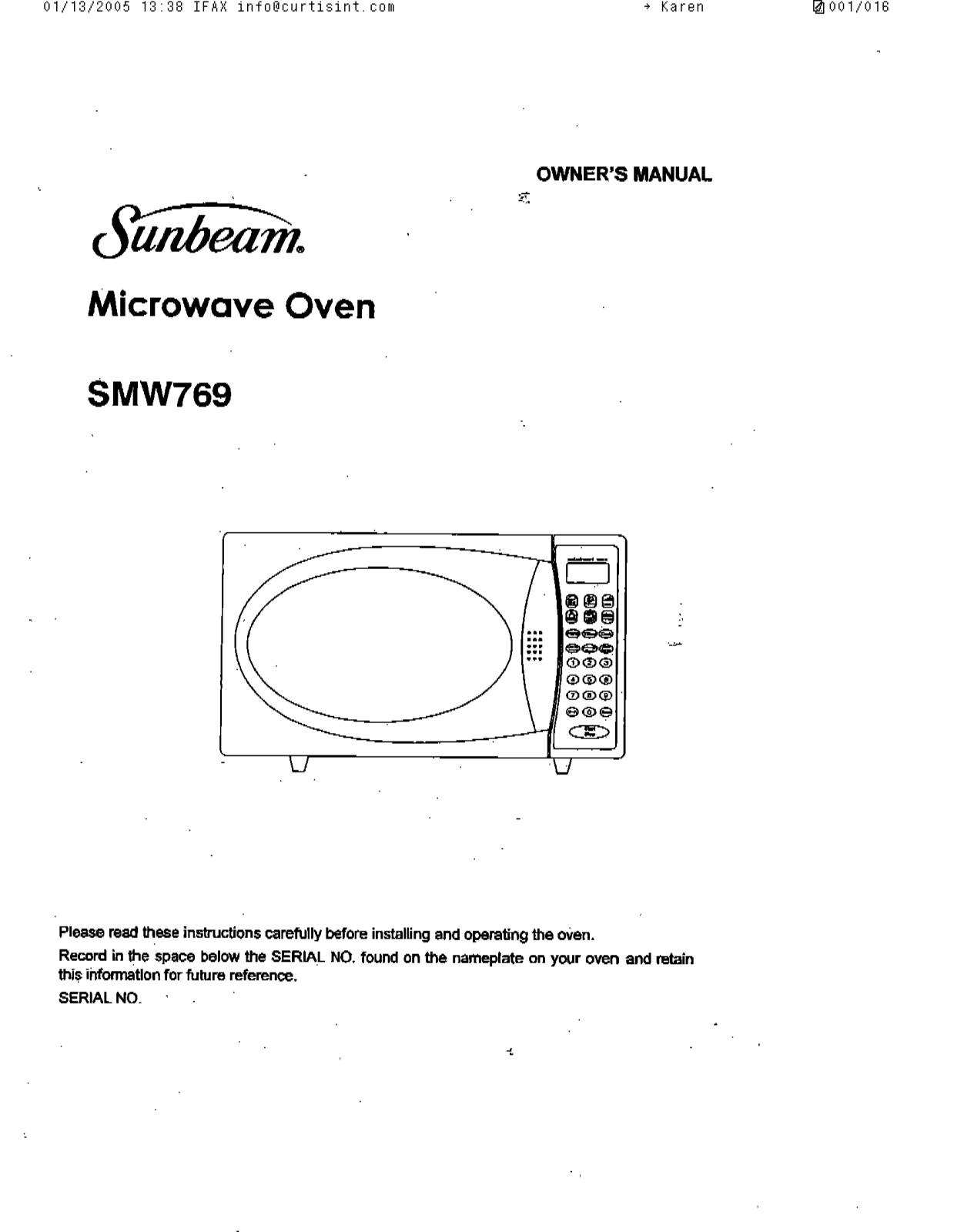 Sunbeam SMW769 Owner's Manual