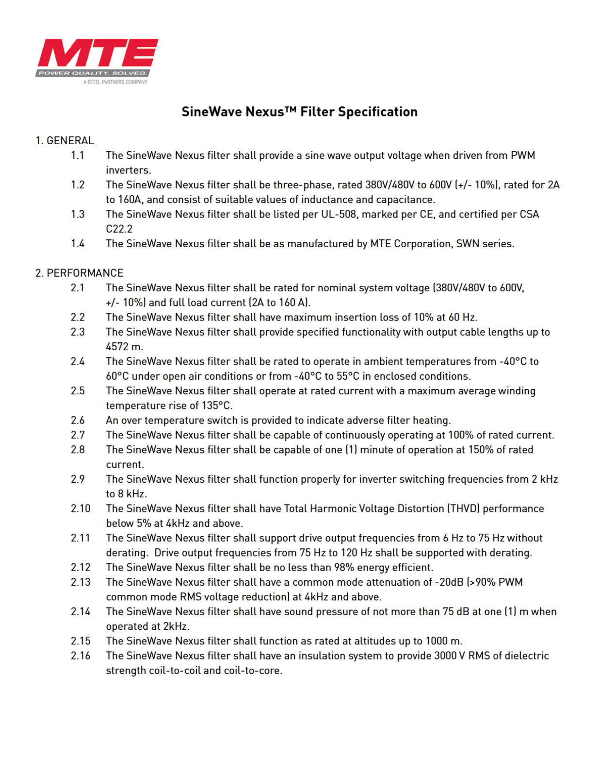 MTE SineWave Nexus Filter Product Specification