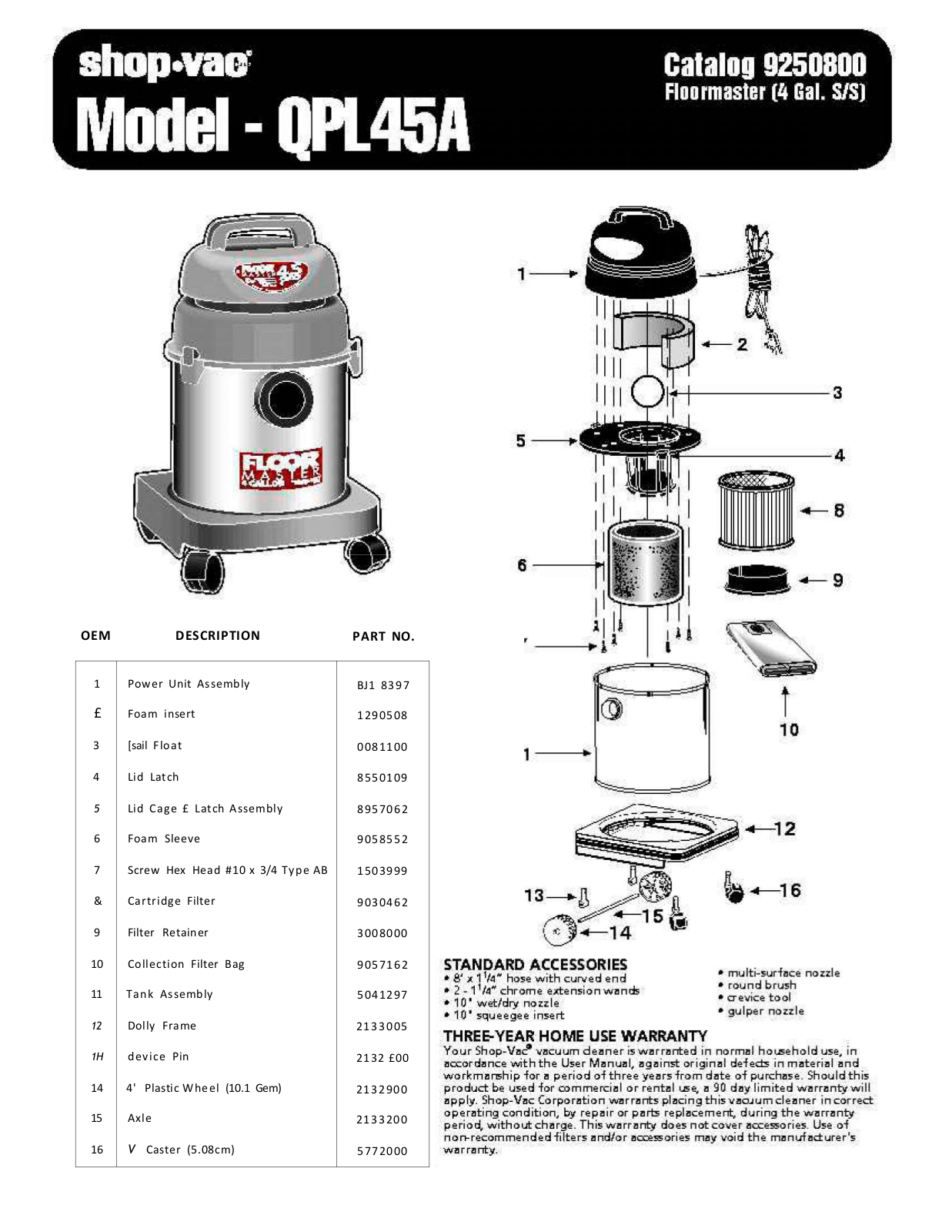 Shop Vac Qpl45a Owner's Manual