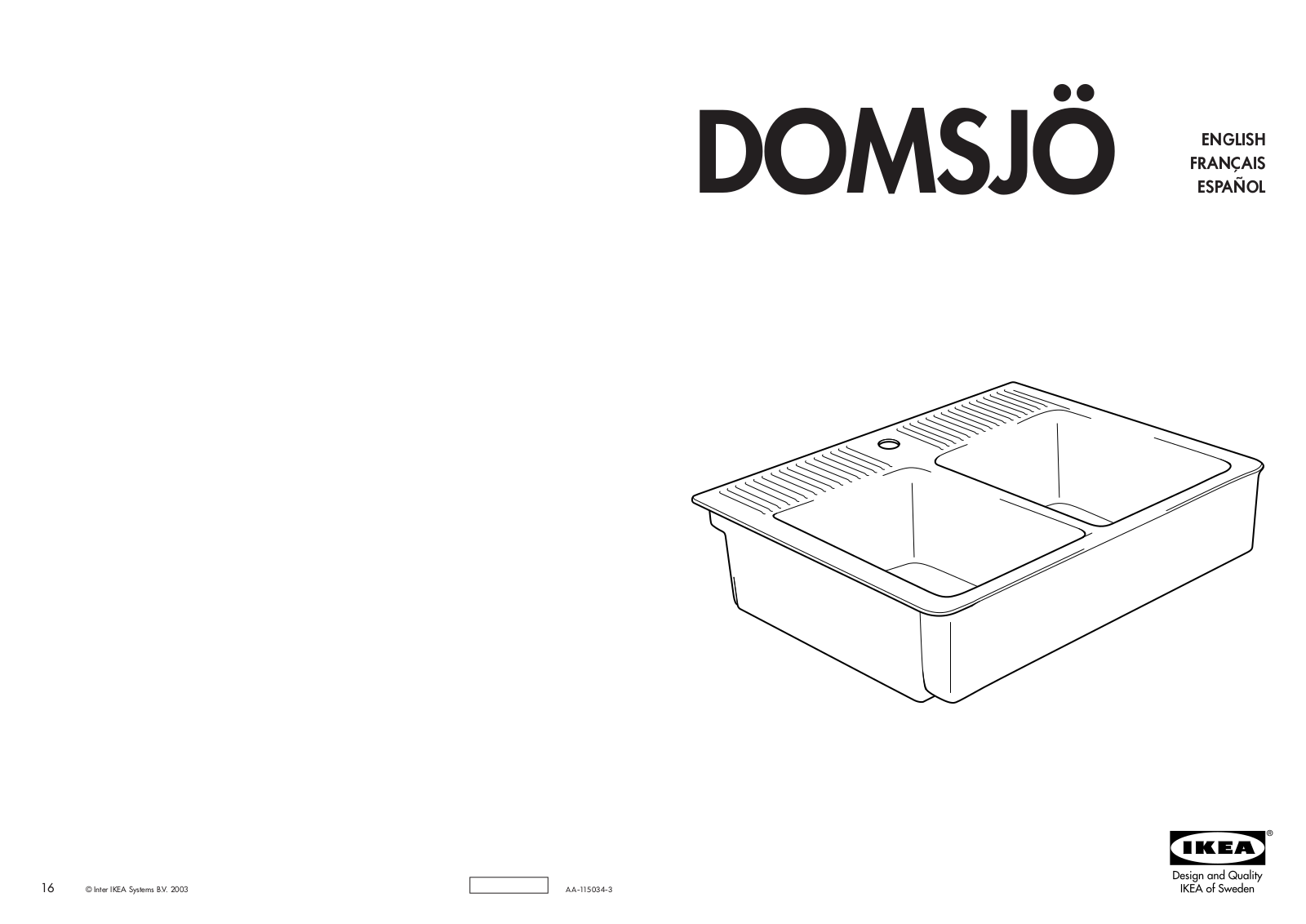 IKEA DOMSJÃ DOUBLE BOWL SINK 36 5-8X27 Assembly Instruction