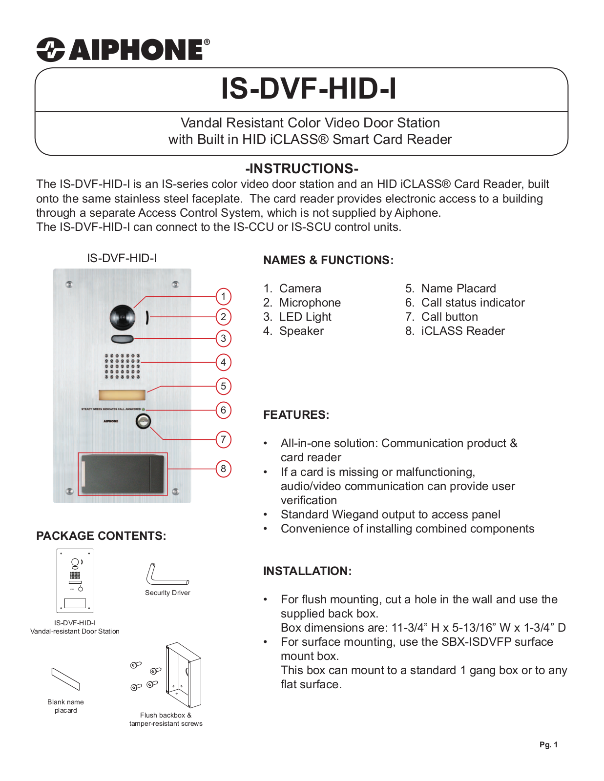 Aiphone IS-DVF-HID-I User Manual