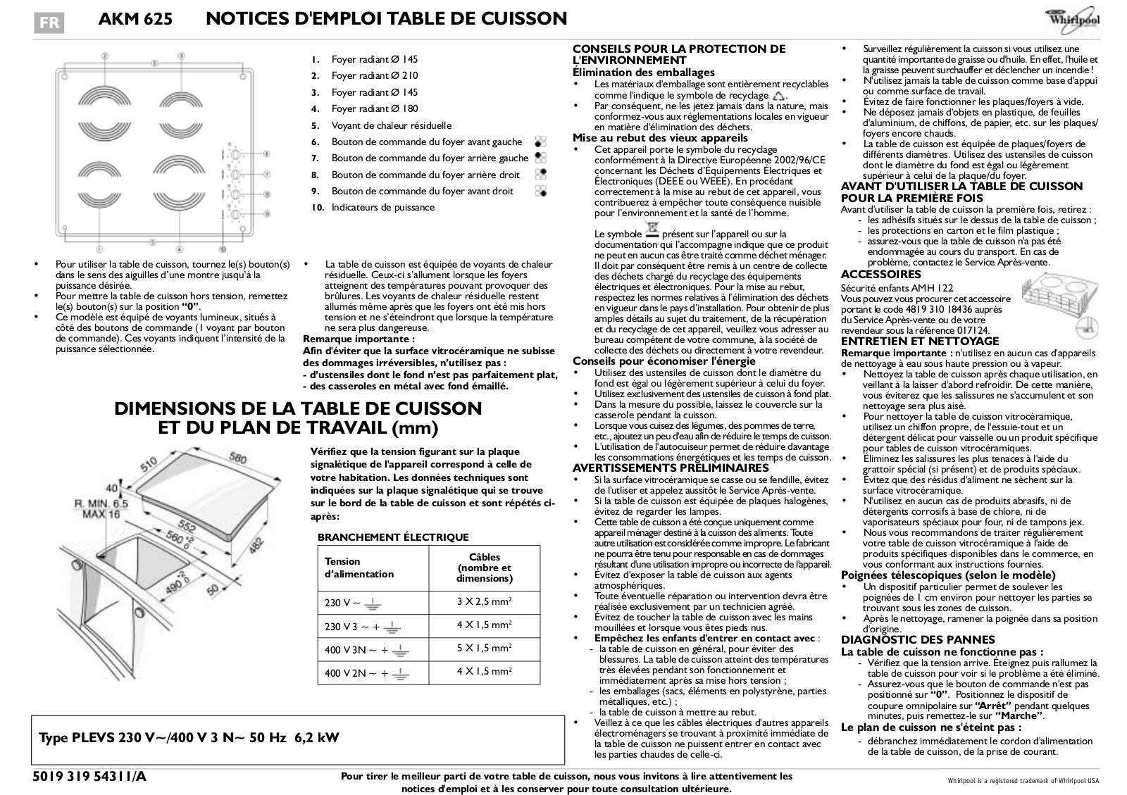 Whirlpool AKM 625 PRODUCT SHEET