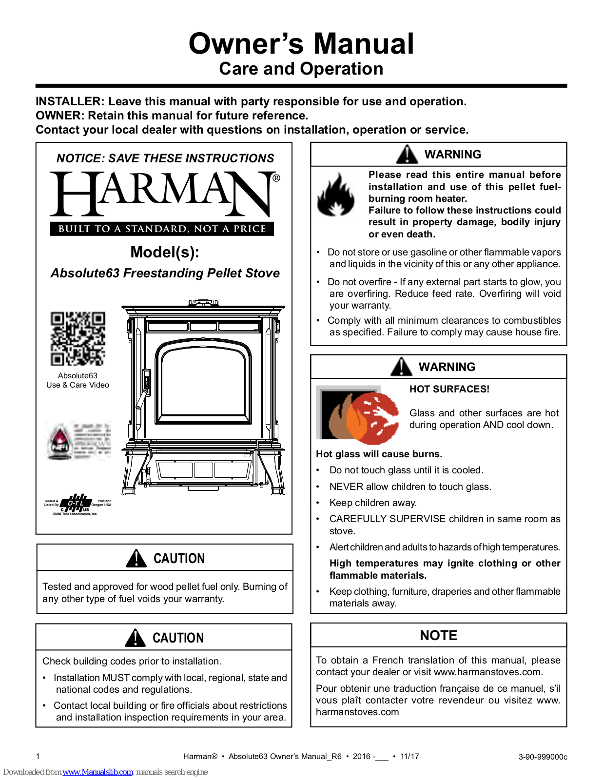 Harman Absolute63 Freestanding Pellet Stove Owner's Manual