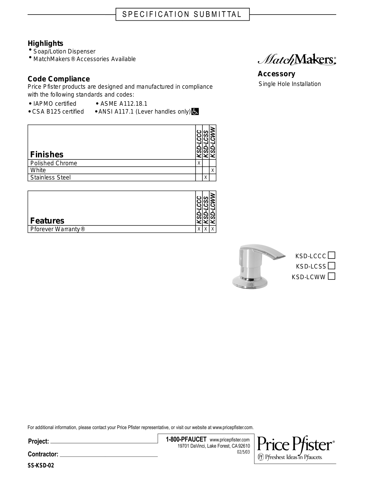 Pfister PPR1595 Specifications - ManualMachine.com