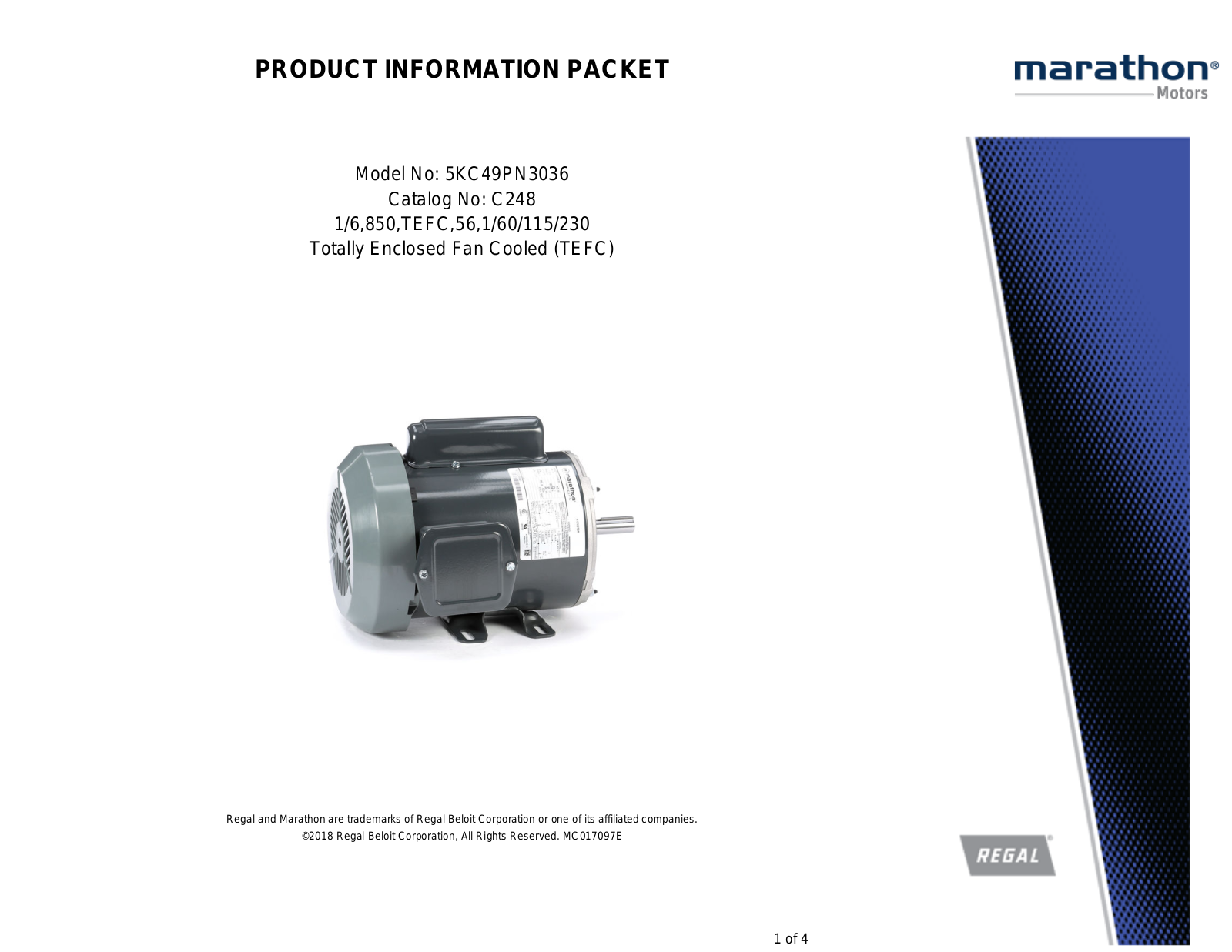 Marathon Electric 5KC49PN3036 Product Information Packet