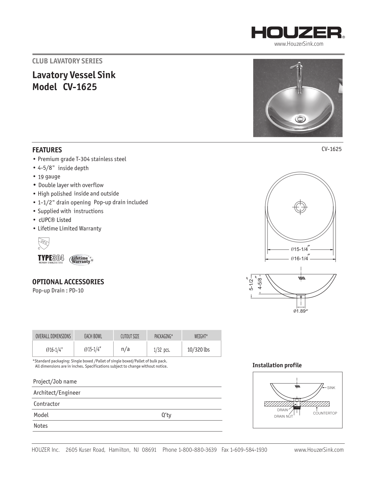 Houzer CV16251 Specs