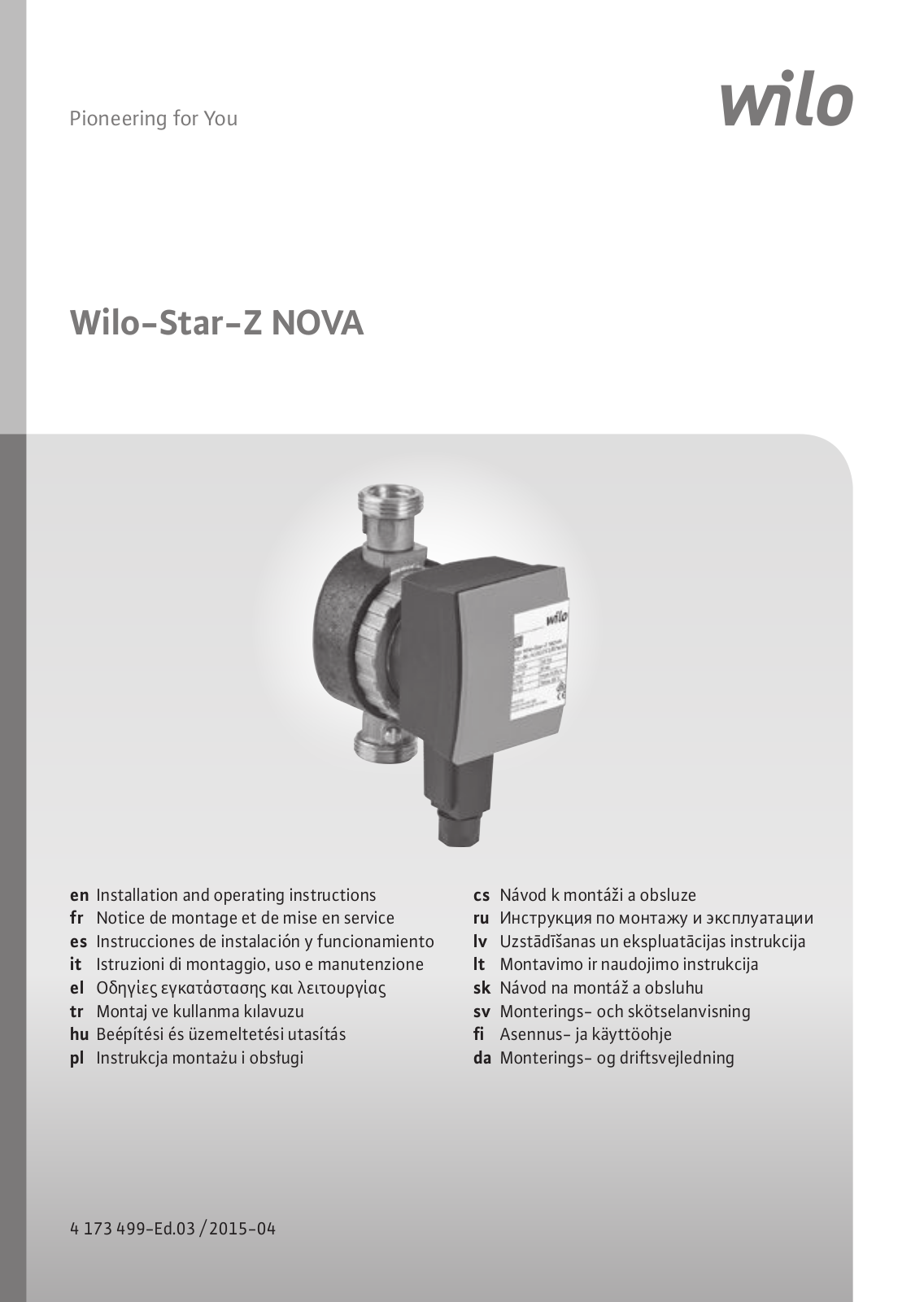 Wilo Star-Z NOVA, Star-Z NOVA A, Star-Z NOVA C Installation And Operating Instructions Manual