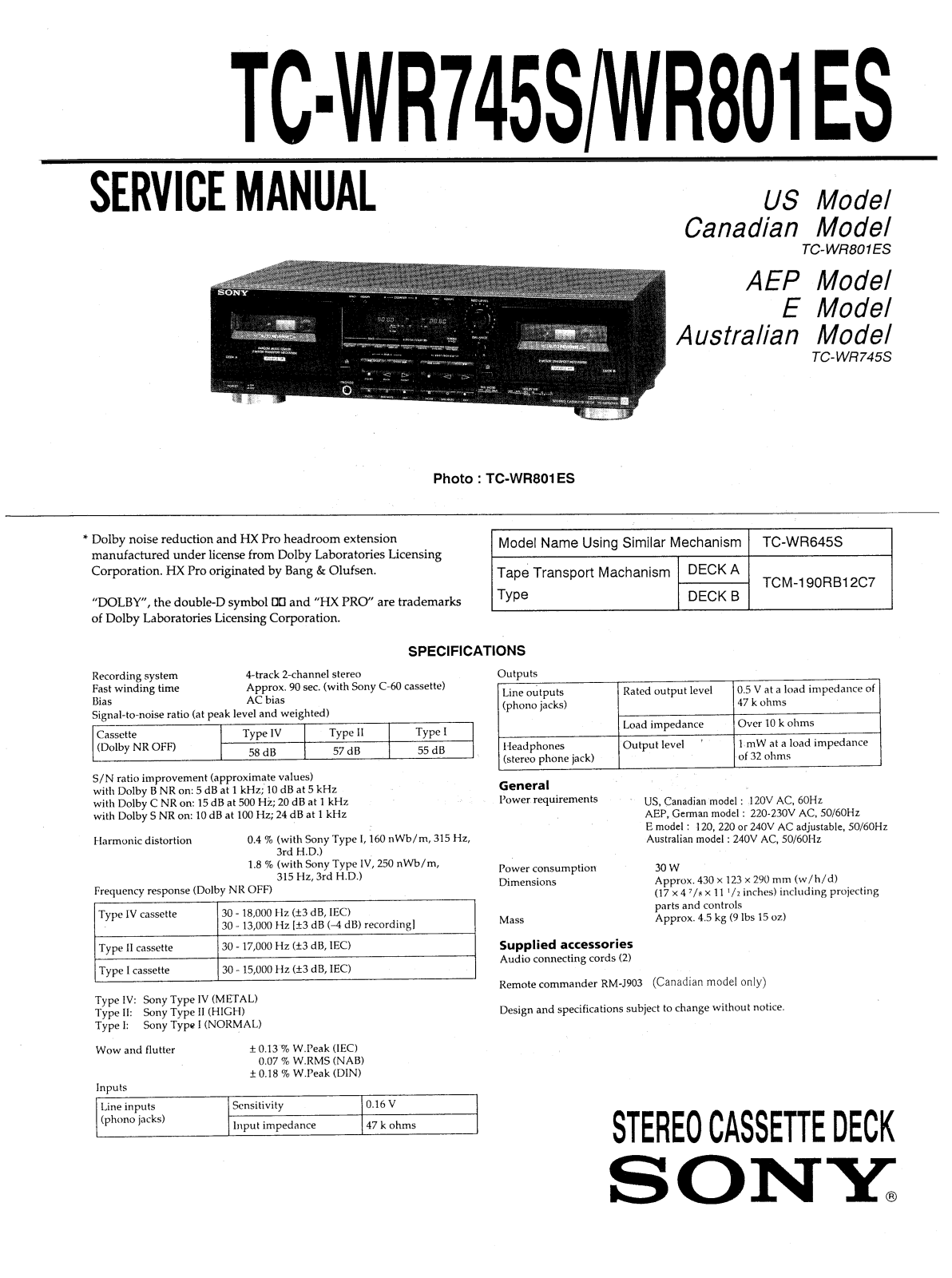 Sony TCWR-745-S, TCWR-801-ES Service manual