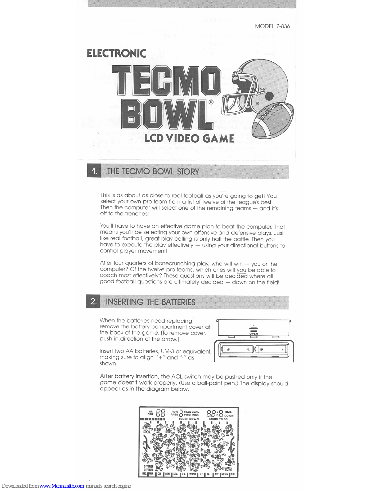 Tiger Electronic Toys Electronic Tecmo Bowl LCD Video Game 7-836, Tecmo Bowl 7-836 Instruction Manual