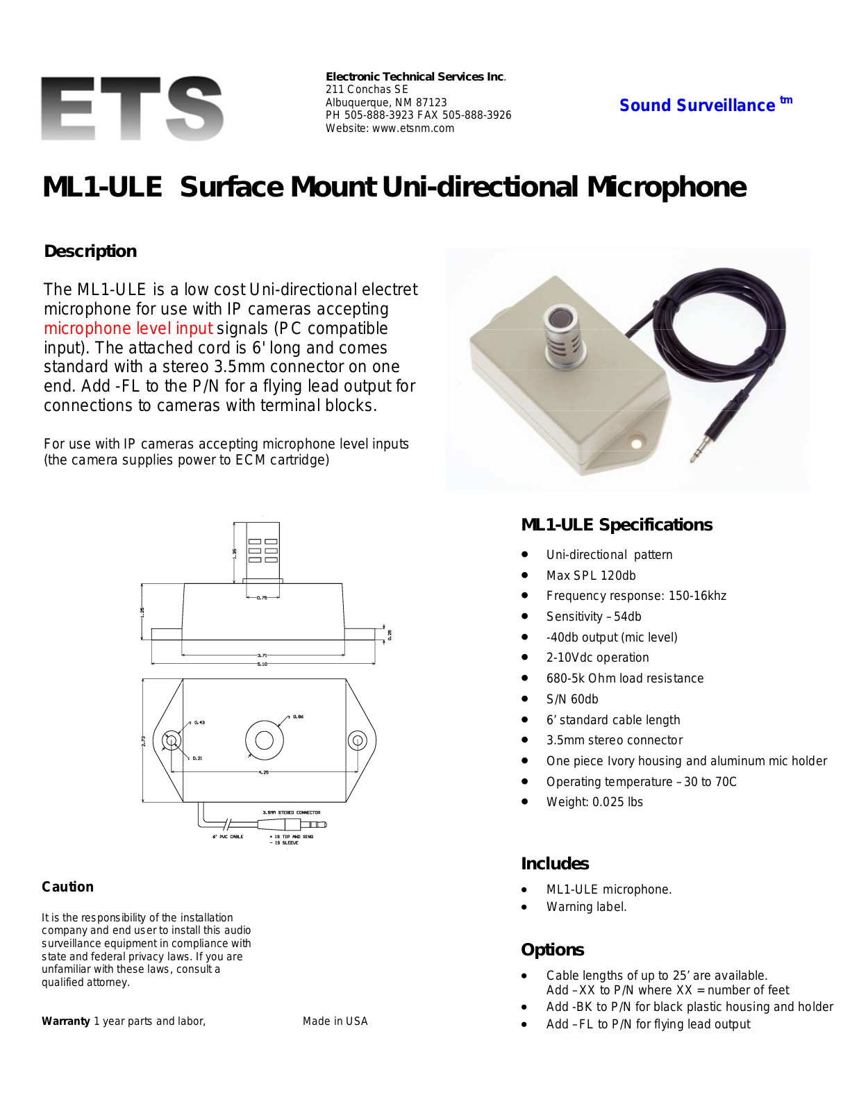 ETS ML1-ULE Specsheet