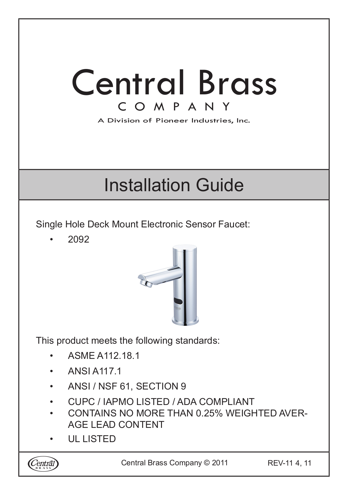 CENTRAL BRASS 2092 Installation  Manual - ManualMachine.com