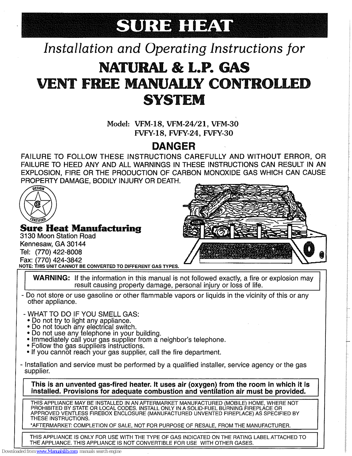 Sure Heat VFM-18, VFM-24, VFM-21, VFM-30, FVFY-18 Installation And Operating Instructions Manual