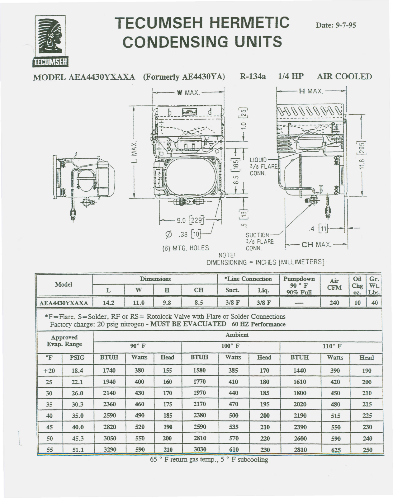 Tecumseh AE4430Y-AA1AXG Performance Data Sheet