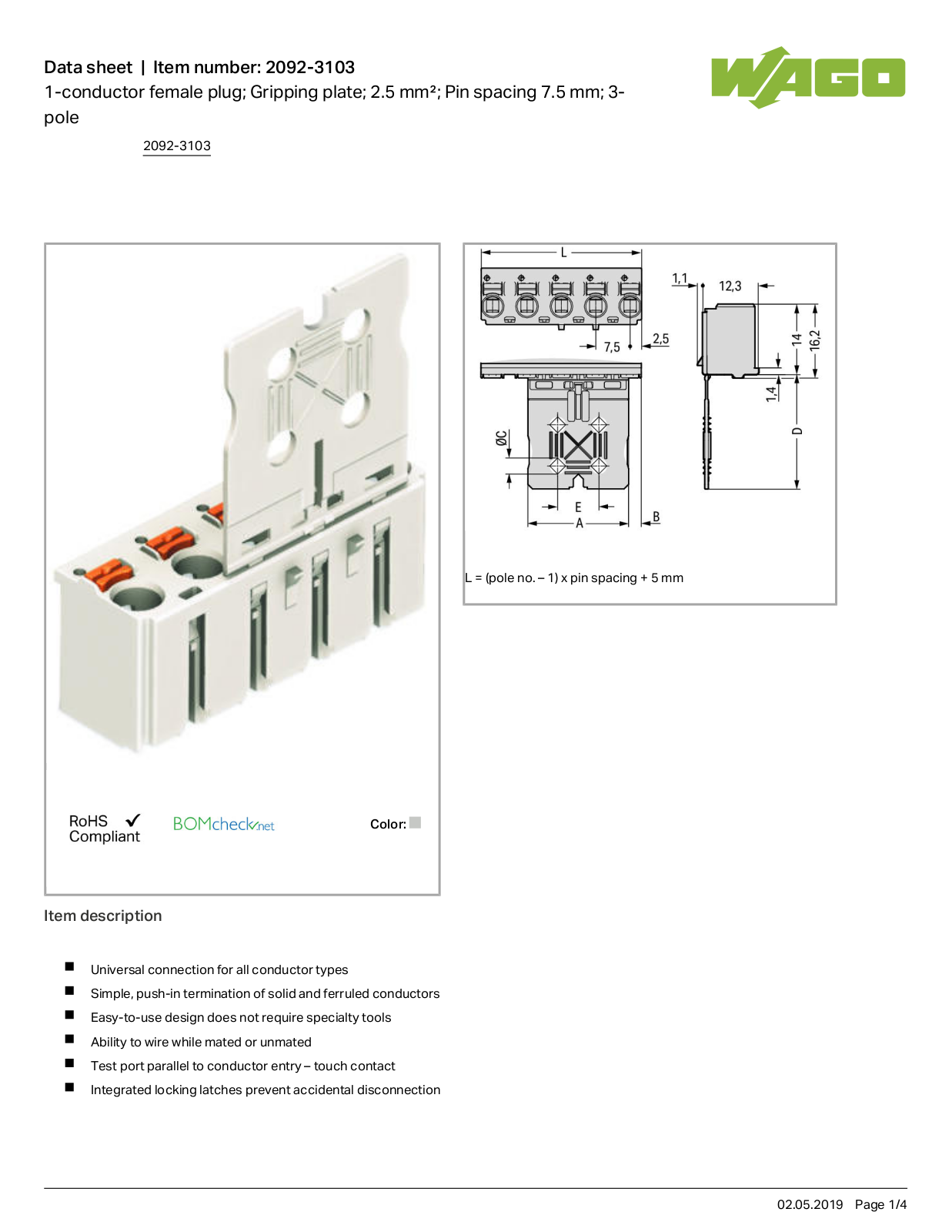 Wago 2092-3103 Data Sheet