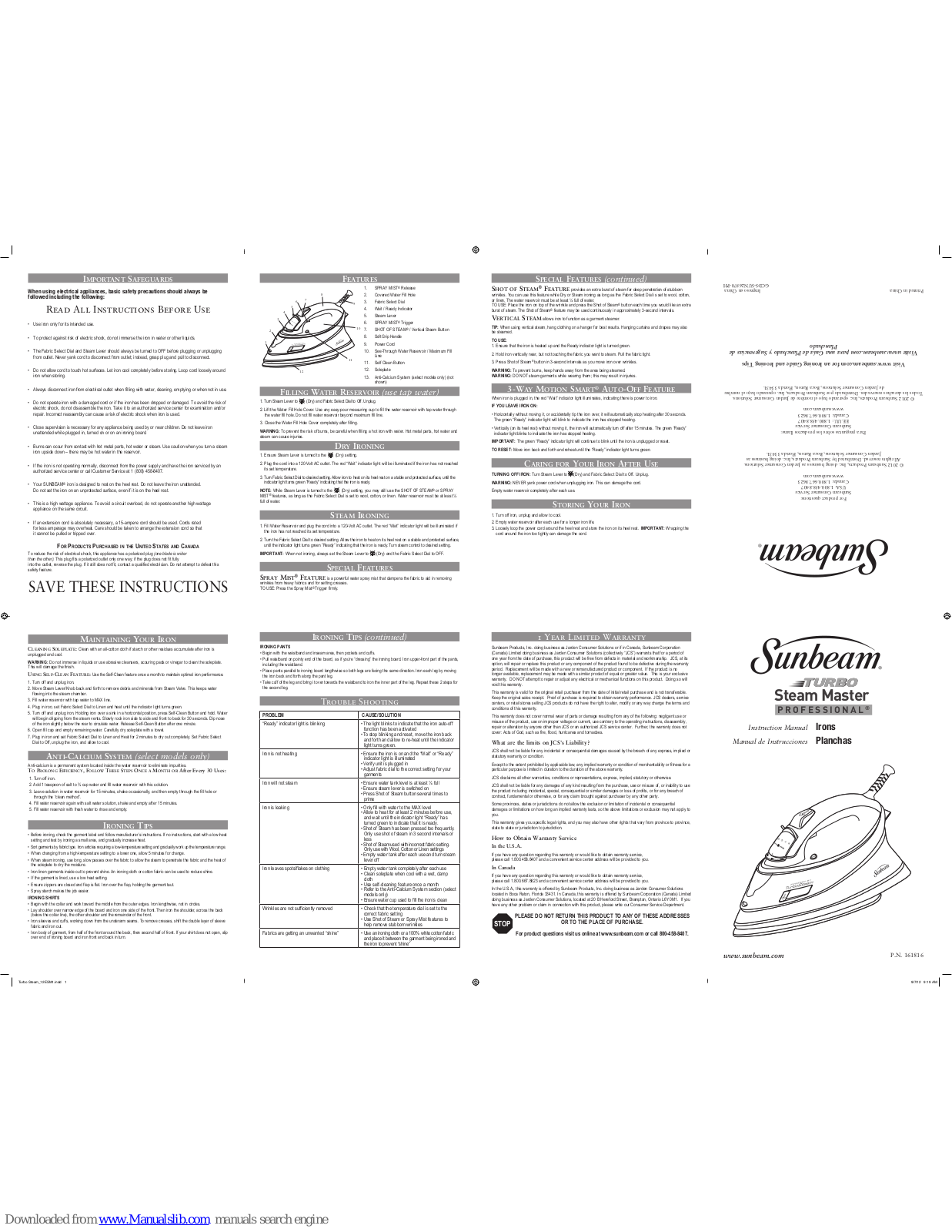 Sunbeam Turbo Steam Master Proffesional, GCSBCS-1 Instruction Manual