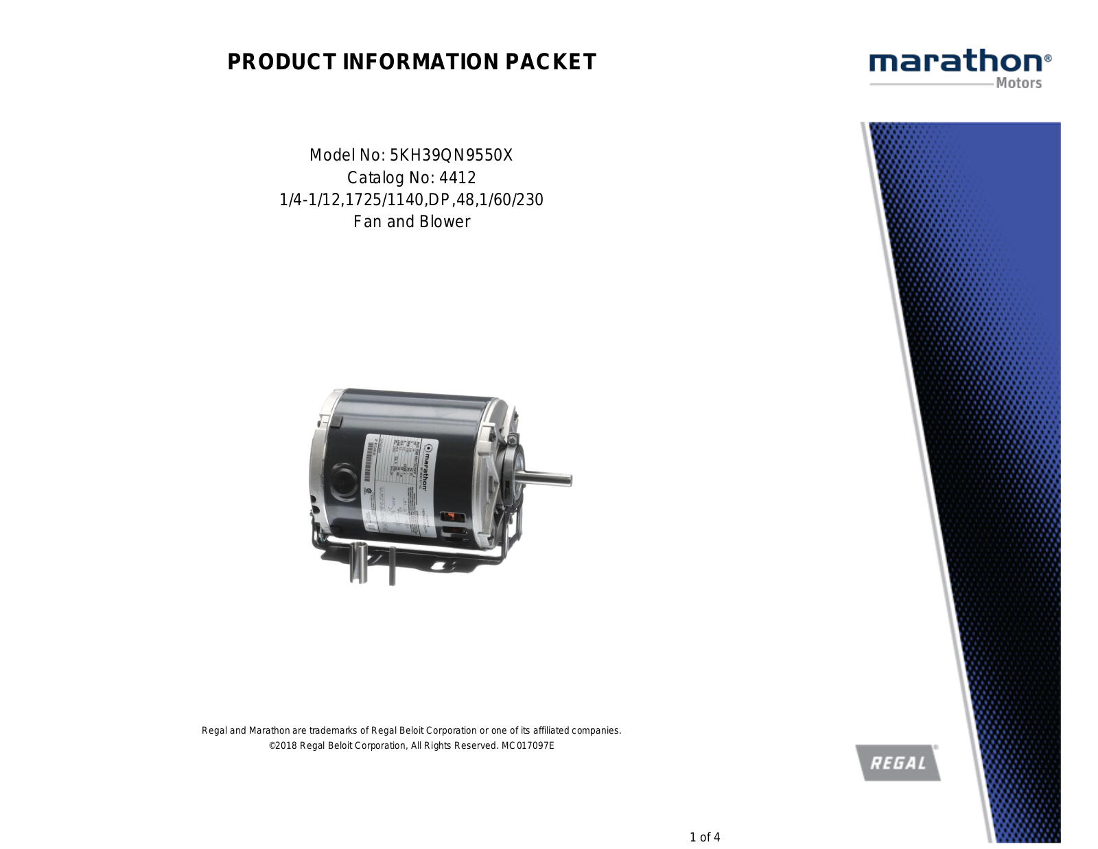 Marathon Electric 5KH39QN9550X Product Information Packet