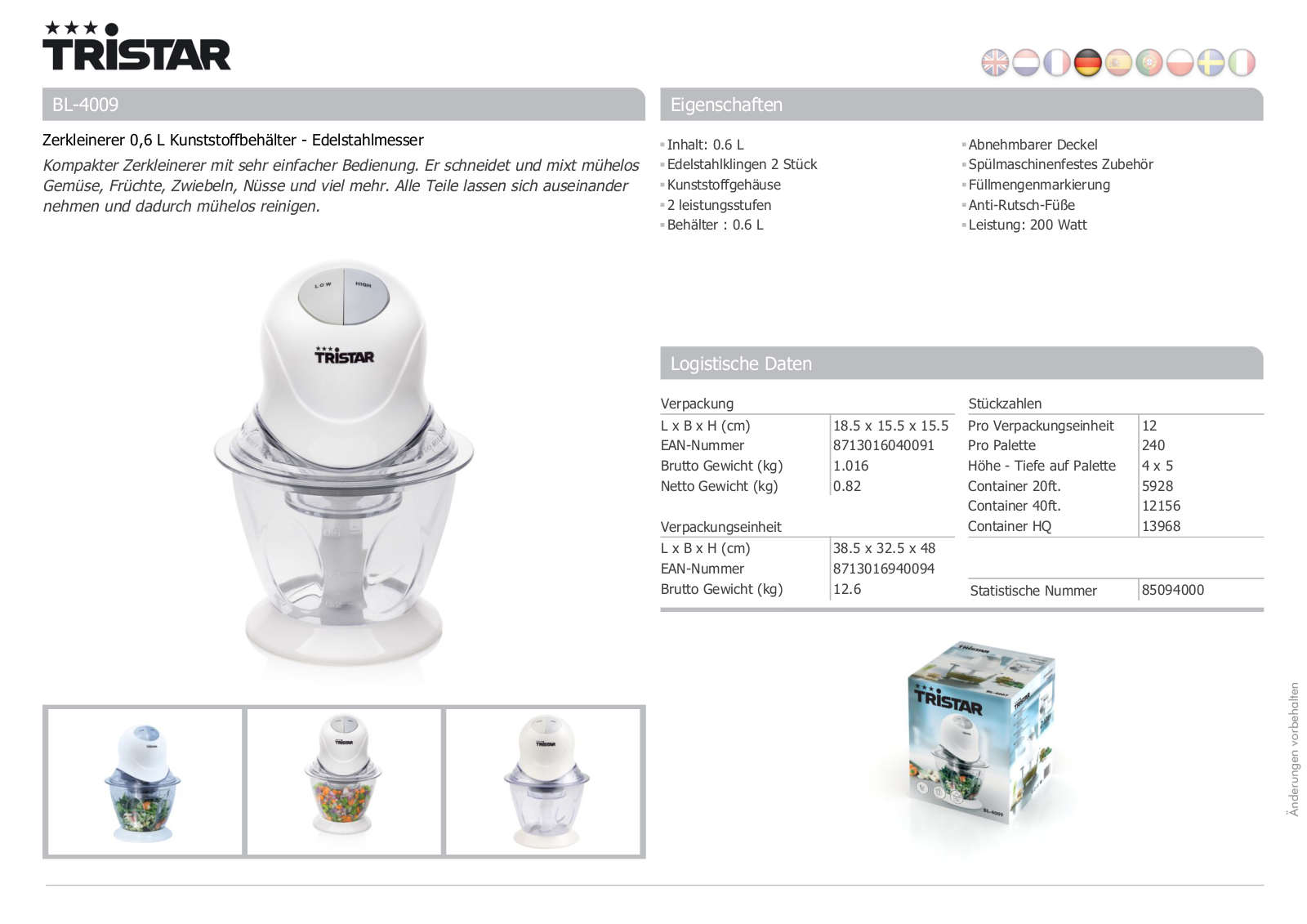 Tristar BL-4009 Technical data