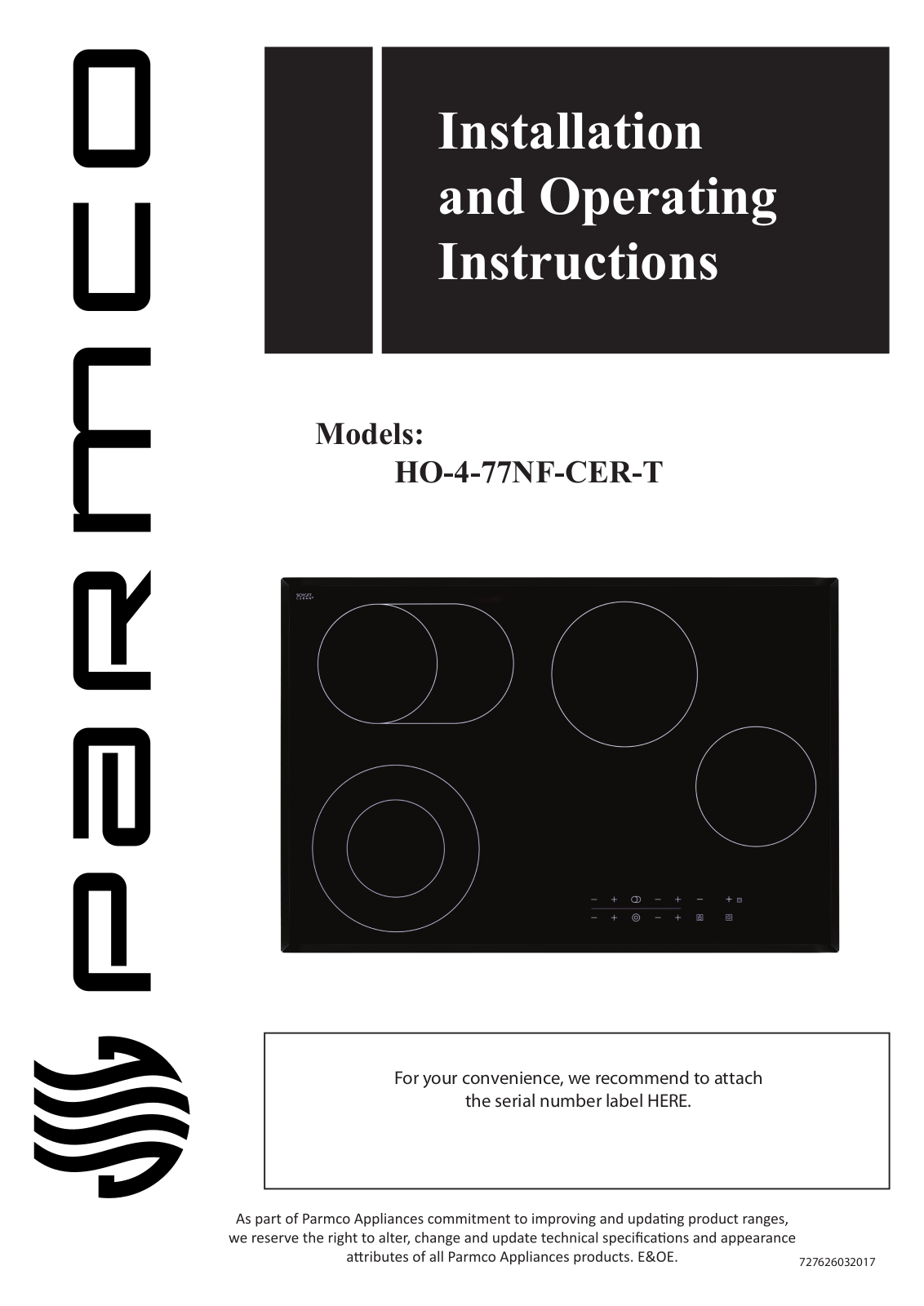 Parmco HO-4-77NF-CER-T Installation And Operating Instructions Manual