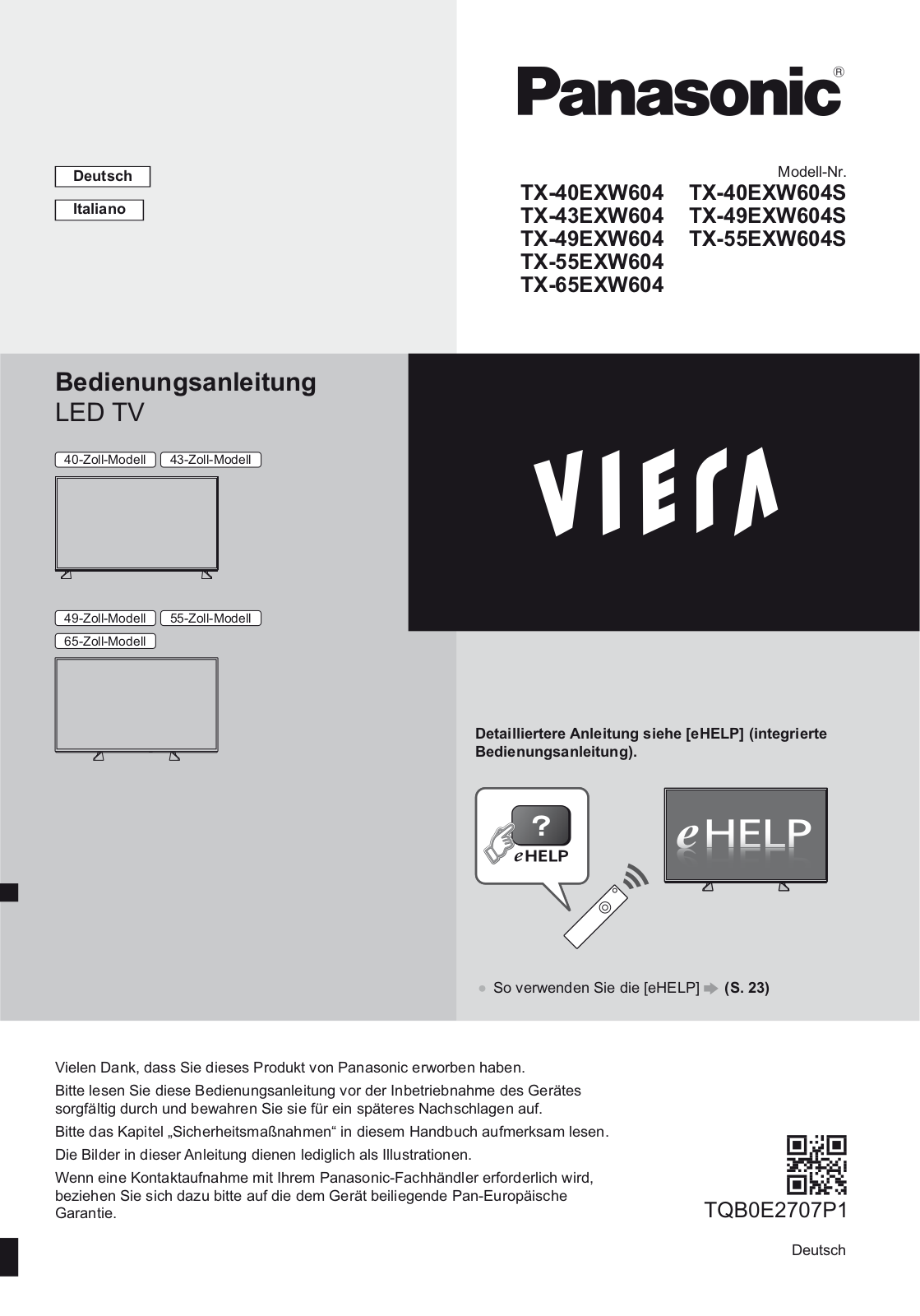 Panasonic TX-43EXW604, TX-55EXW604, TX-65EXW604, TX-49EXW604S, TX-55EXW604S User Manual