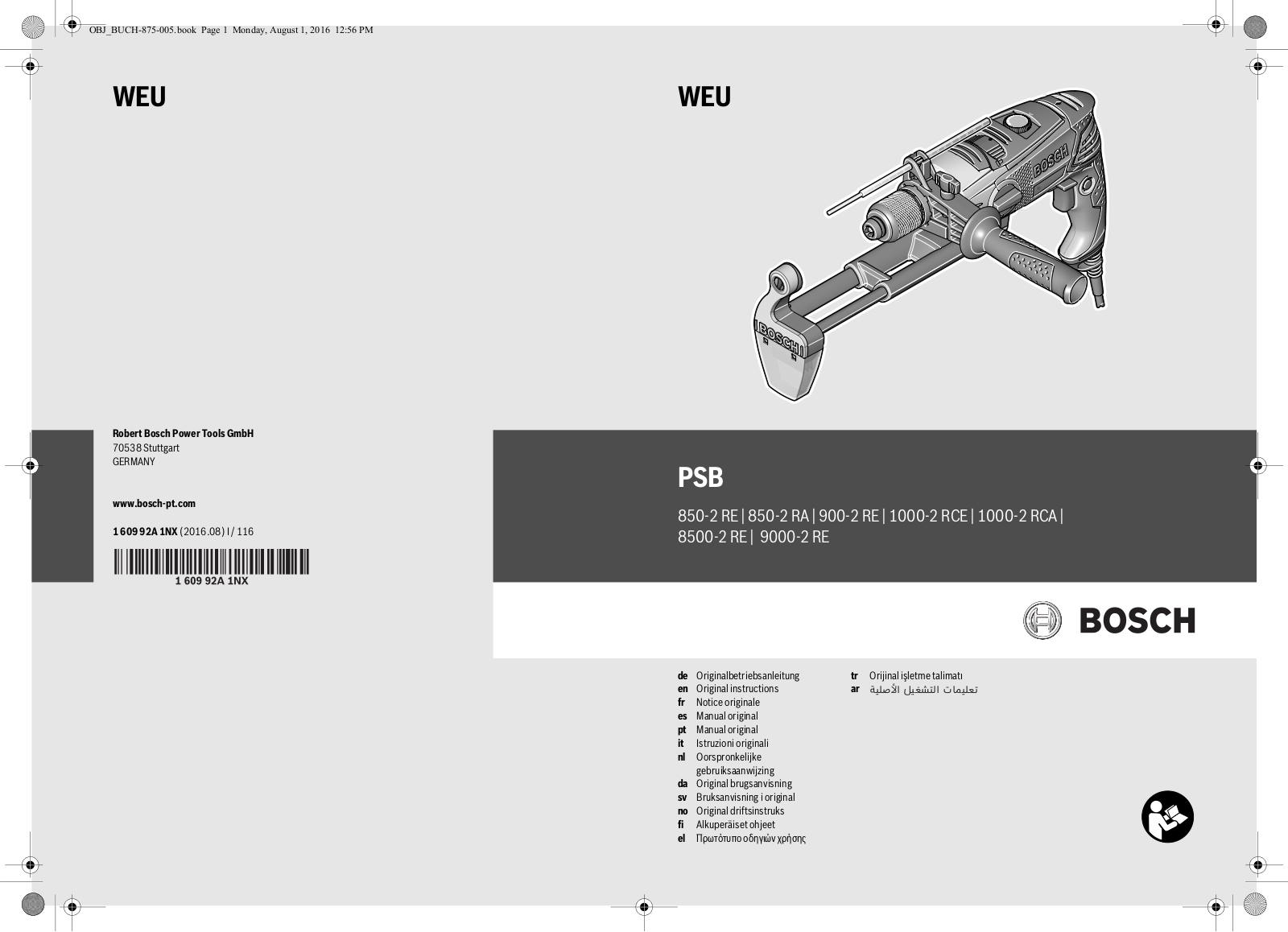 Bosch PSB 850-2 RE, PSB 900-2 RE, PSB 850-2 RA, PSB 1000-2 RCE, PSB 1000-2 RCA User Manual