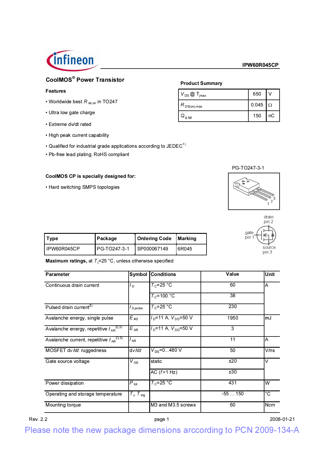 Datasheet ipw60r045cp_rev2[1].2_pcn Datasheet - ManualMachine.com