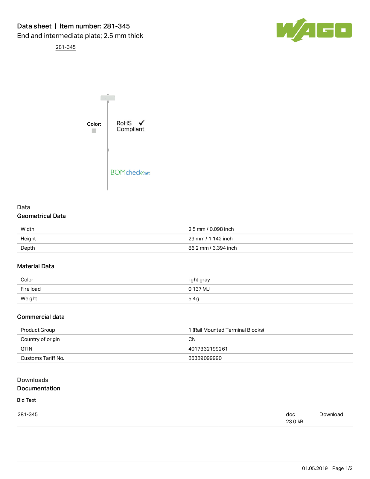 Wago 281-345 Data Sheet