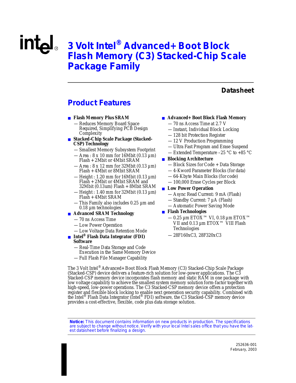 Intel Corporation RD28F1602C3B110, RD28F1602C3B70, RD28F1602C3B90, RD28F1602C3BD70, RD28F1602C3T110 Datasheet