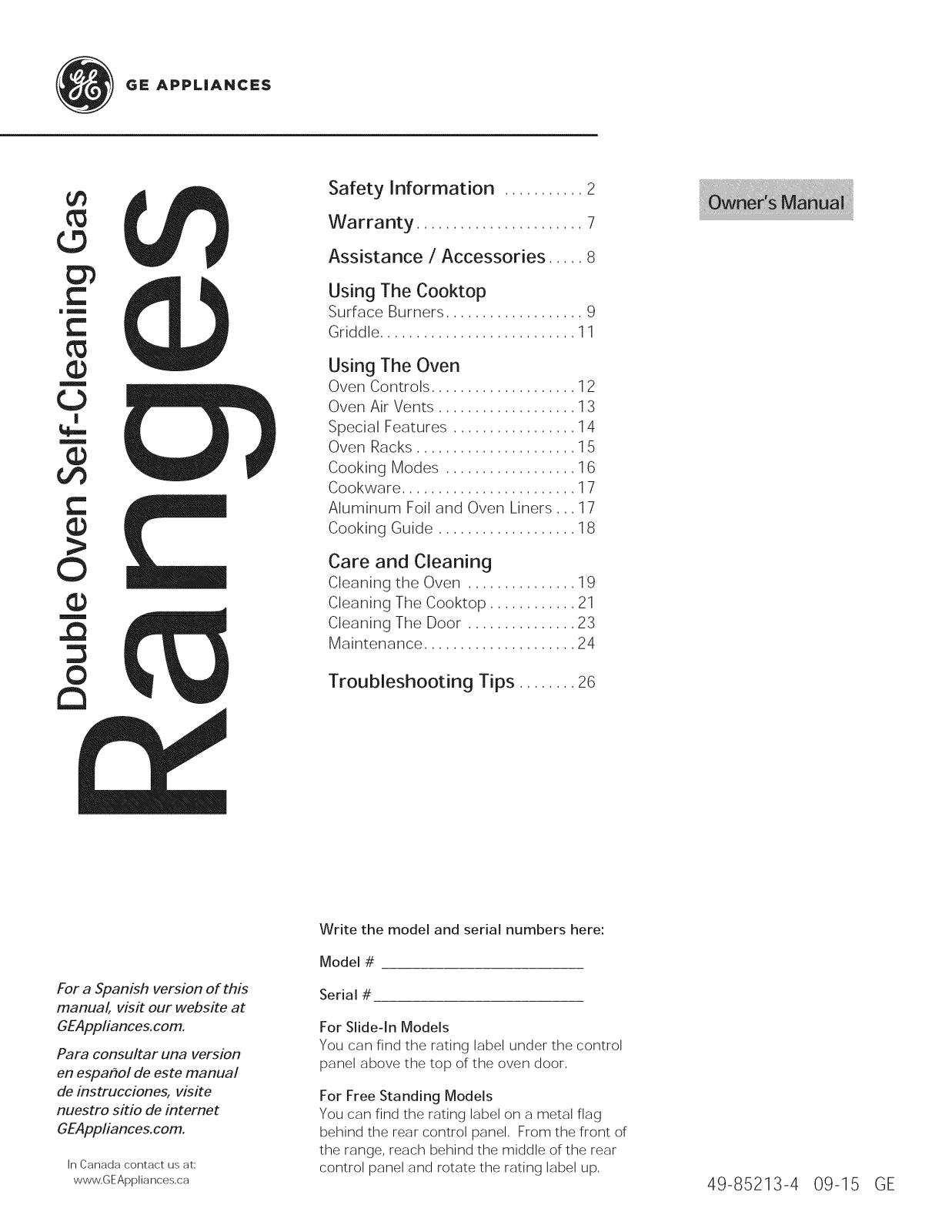 GE PGS950SEF5SS, PGS950SEF4SS, PGS950SEF3SS, PGS950SEF2SS, PGS950SEF1SS Owner’s Manual