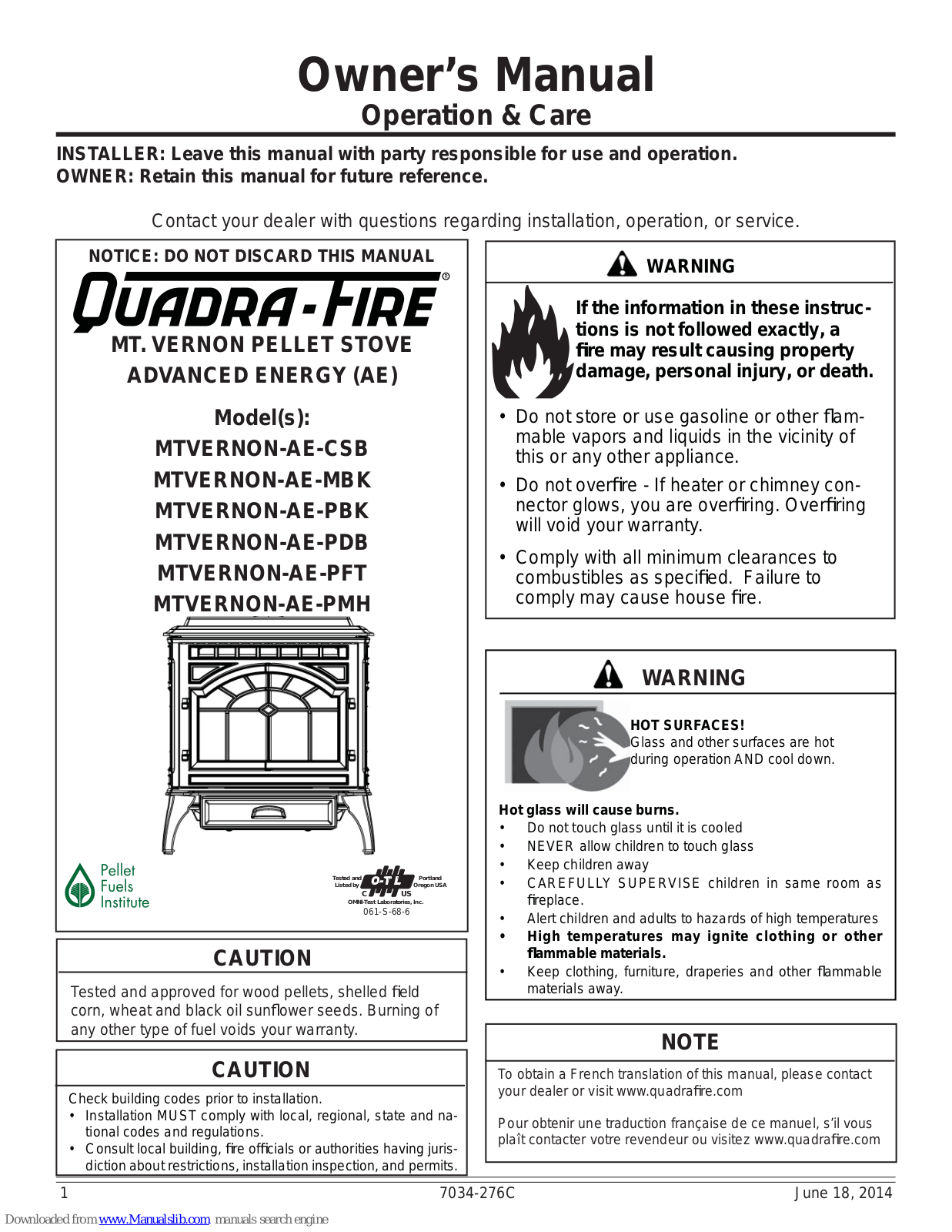 Quadra-Fire MTVERNON-AE-MBK, MTVERNON-AE-PBK, MTVERNON-AE-PDB, MTVERNON-AE-PFT, MTVERNON-AE-PMH Owner's Manual