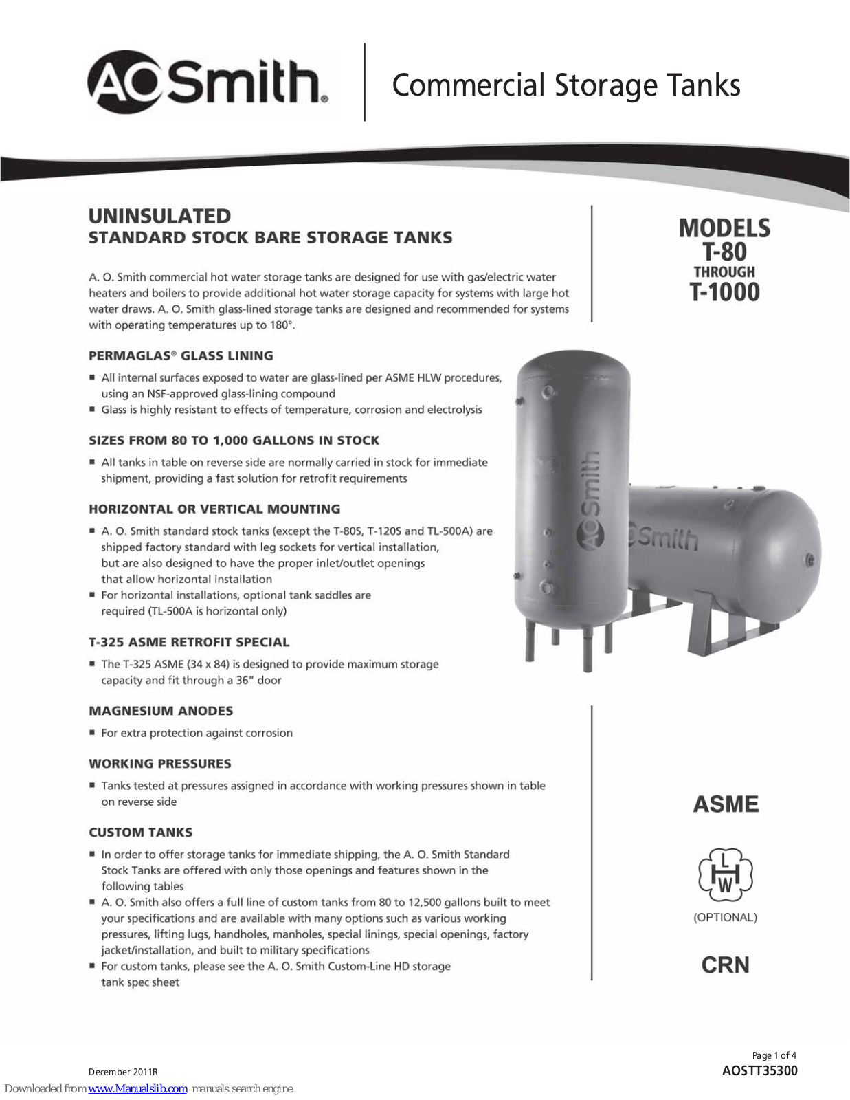 A.O. Smith T-140 ASME, T-200 ASME, T-200 Std., T-250 ASME, T-325 ASME Specification Sheet