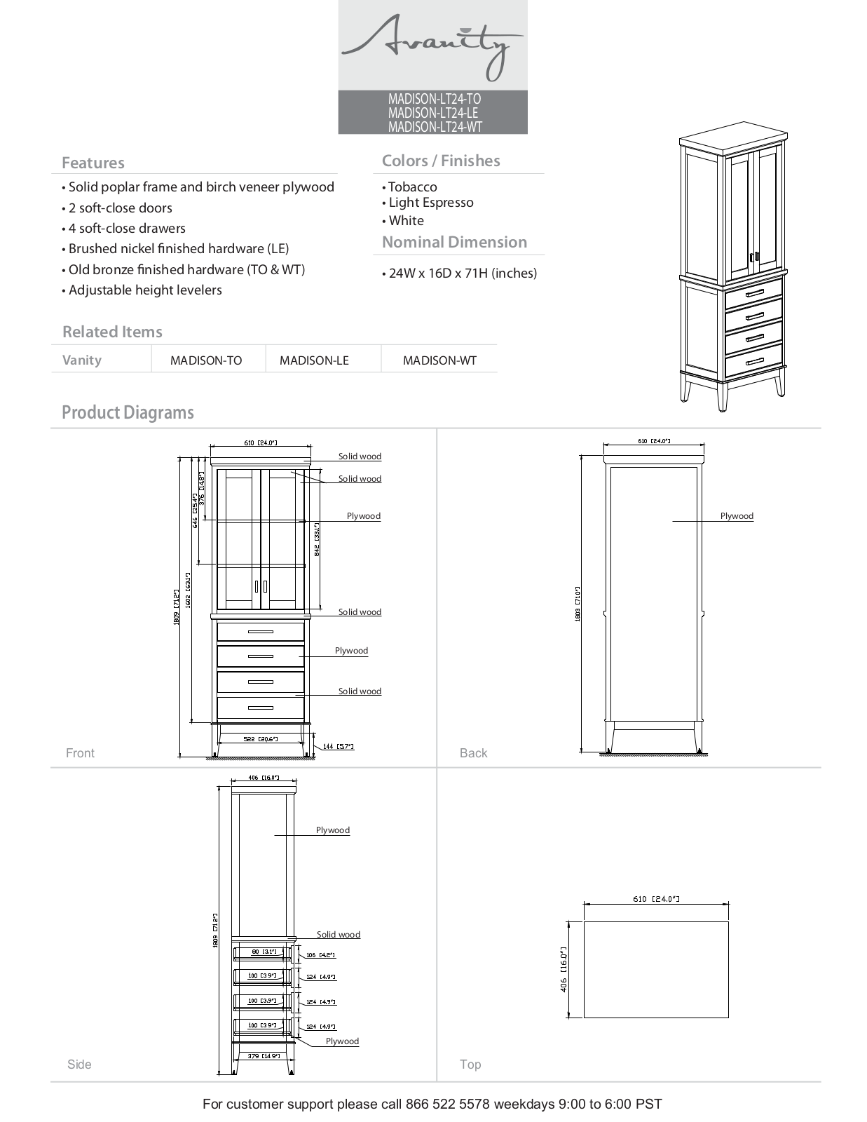 Avanity MADISONLT24WT Specifications