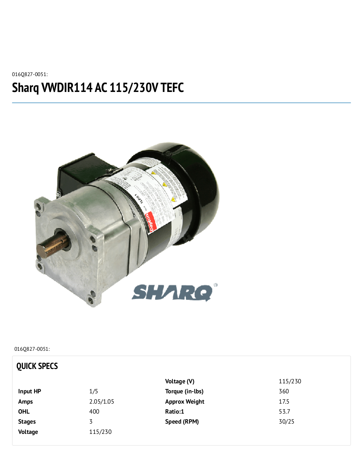 Bison Gear & Engineering 016Q827-0051 Data Sheet