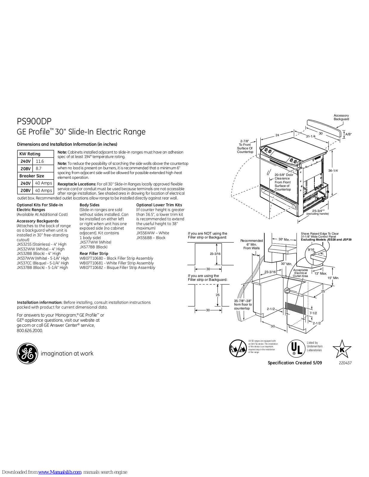 GE Profile PS900DPBB, Profile PS900DPCC, Profile PS900DPWW, Profile PS900DP Dimensions And Installation Information